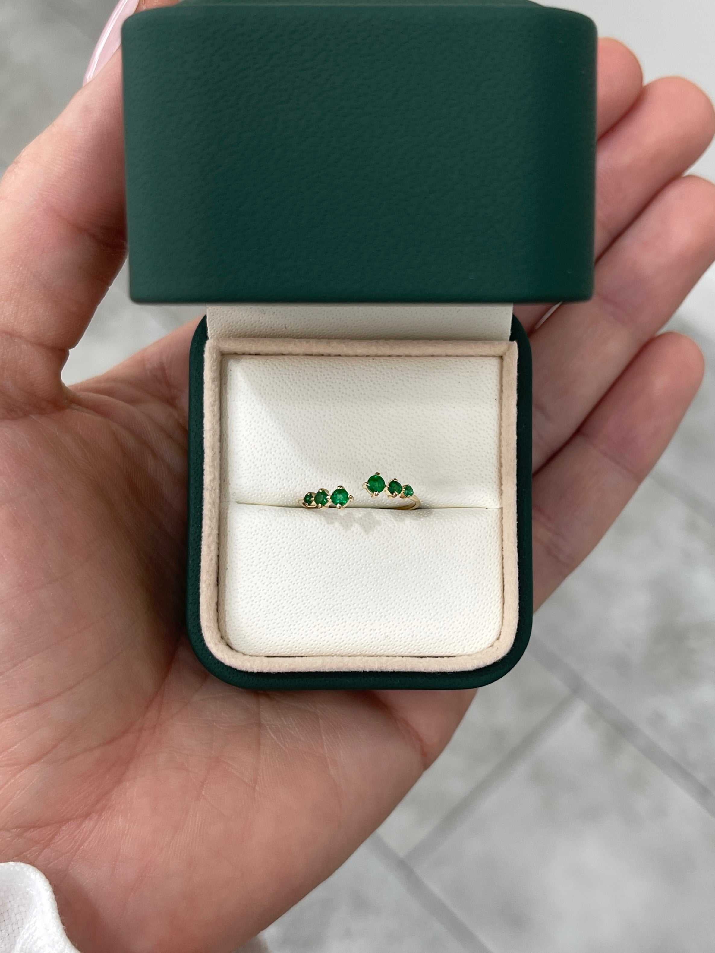 A.M Size 5.5 Petite Open Concept Emerald Everyday Ring Band 14K - JR Colombian Emeralds