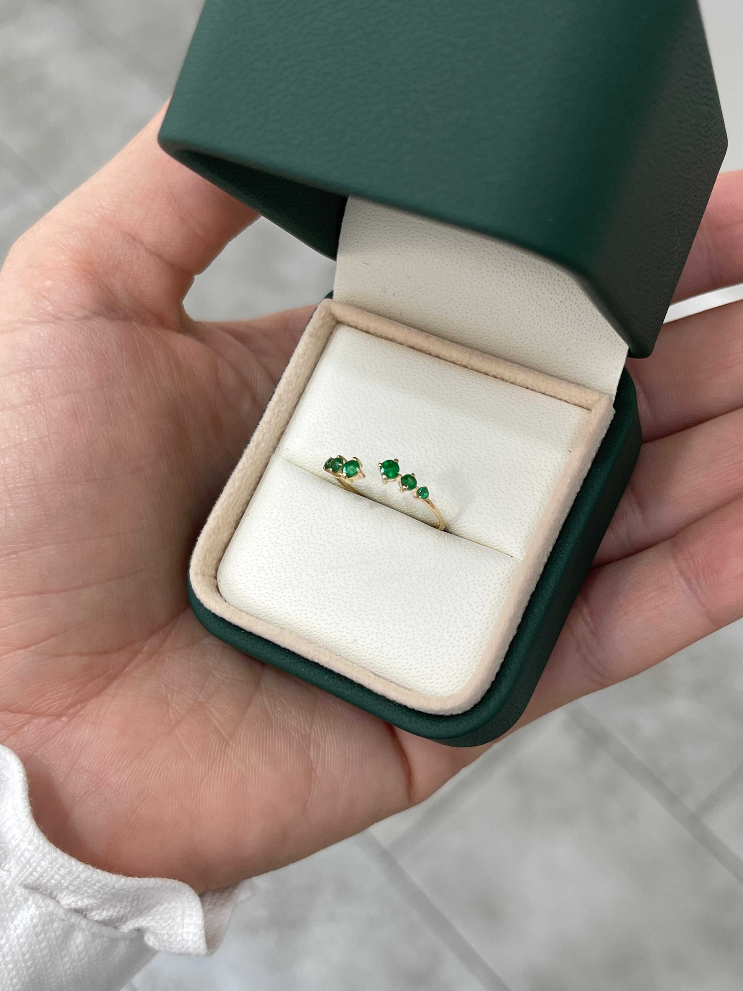 A.M Size 5.5 Petite Open Concept Emerald Everyday Ring Band 14K - JR Colombian Emeralds