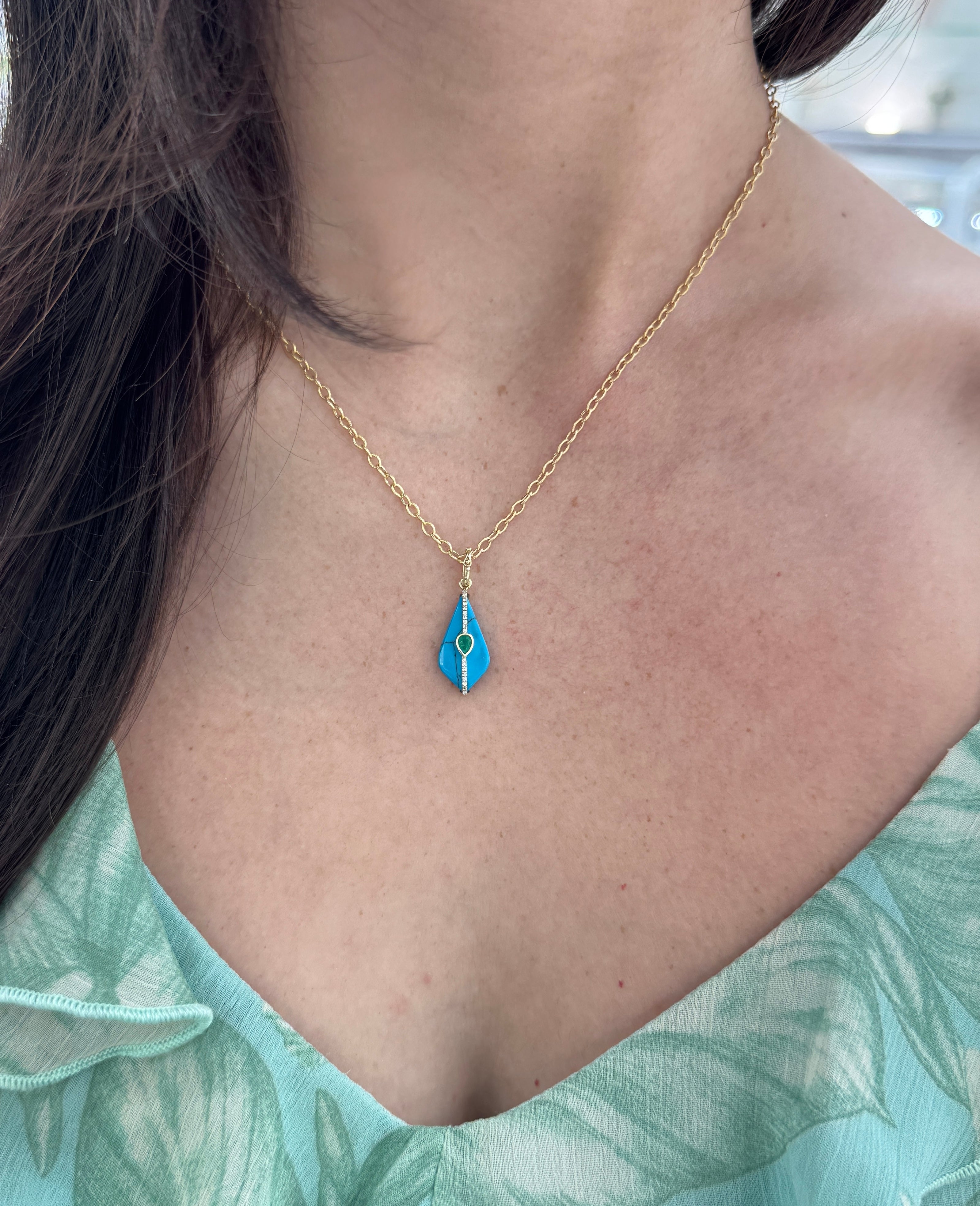 4.26tcw 14K Natural Turquoise, Emerald, & Diamond Pebble Pendant