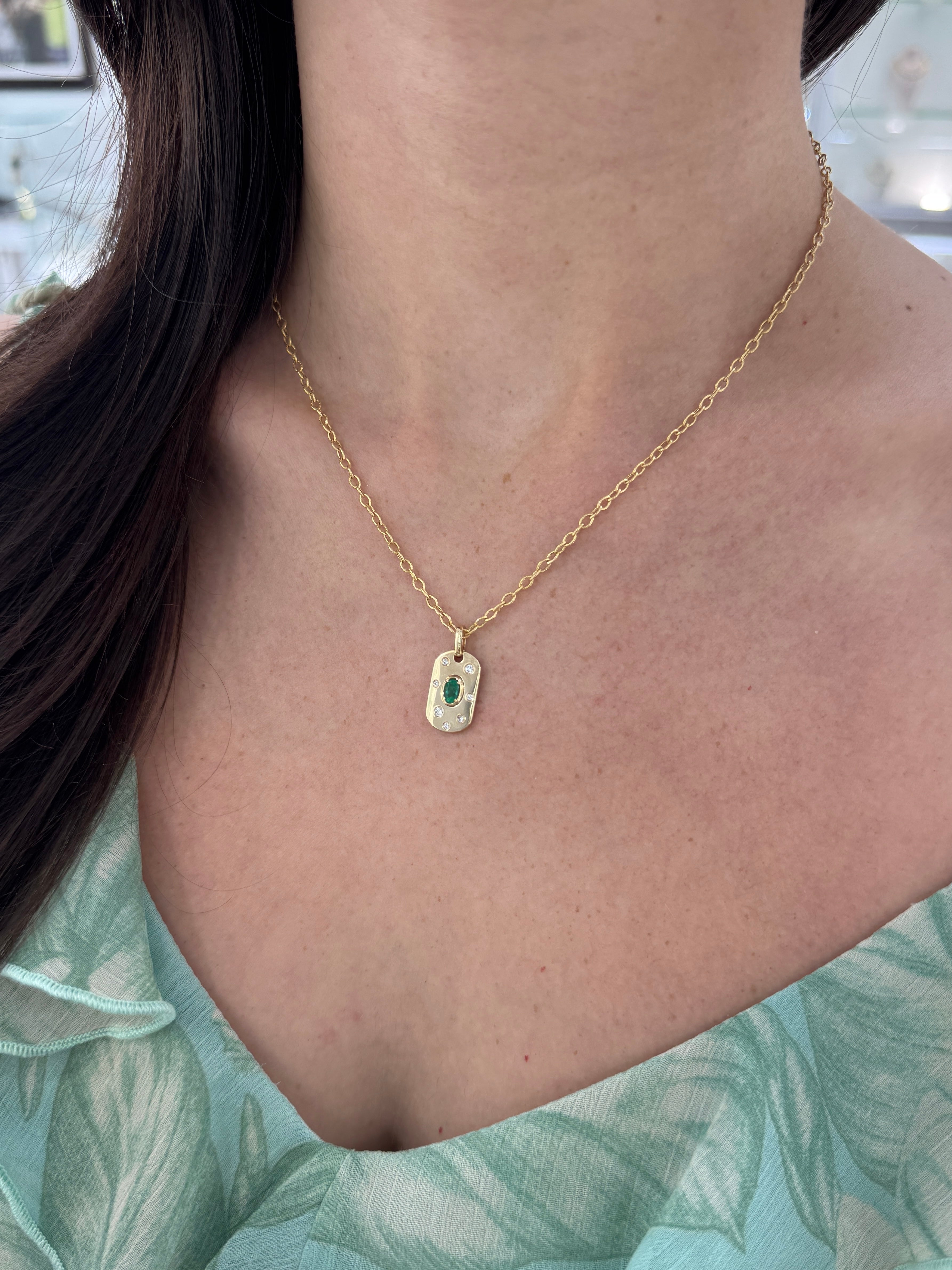 14K Natural Oval Cut Emerald & Diamond Dog Tag Pendant