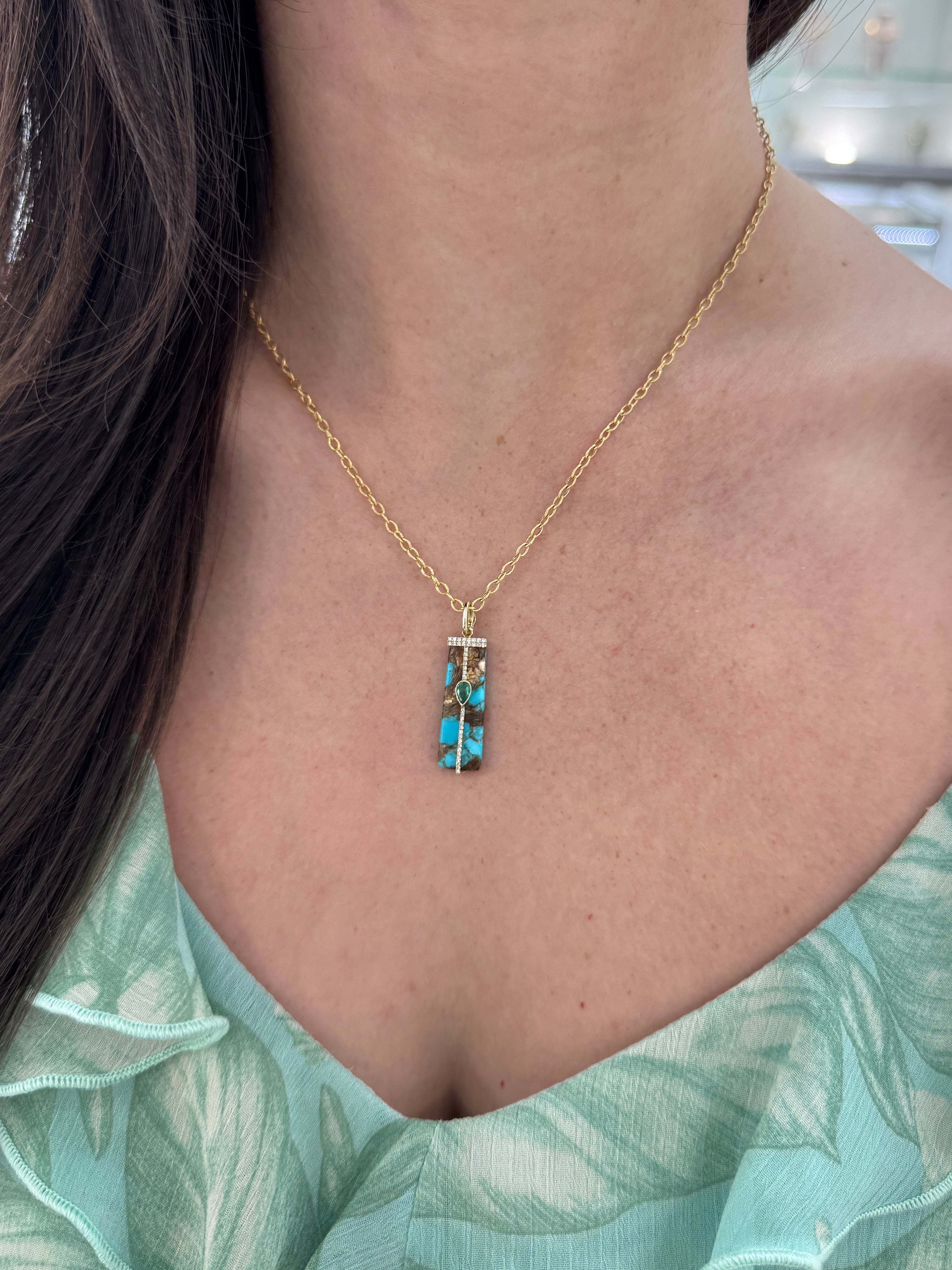 6.08tcw 14K Natural Turquoise, Emerald, & Diamond Pave Pebble Pendant