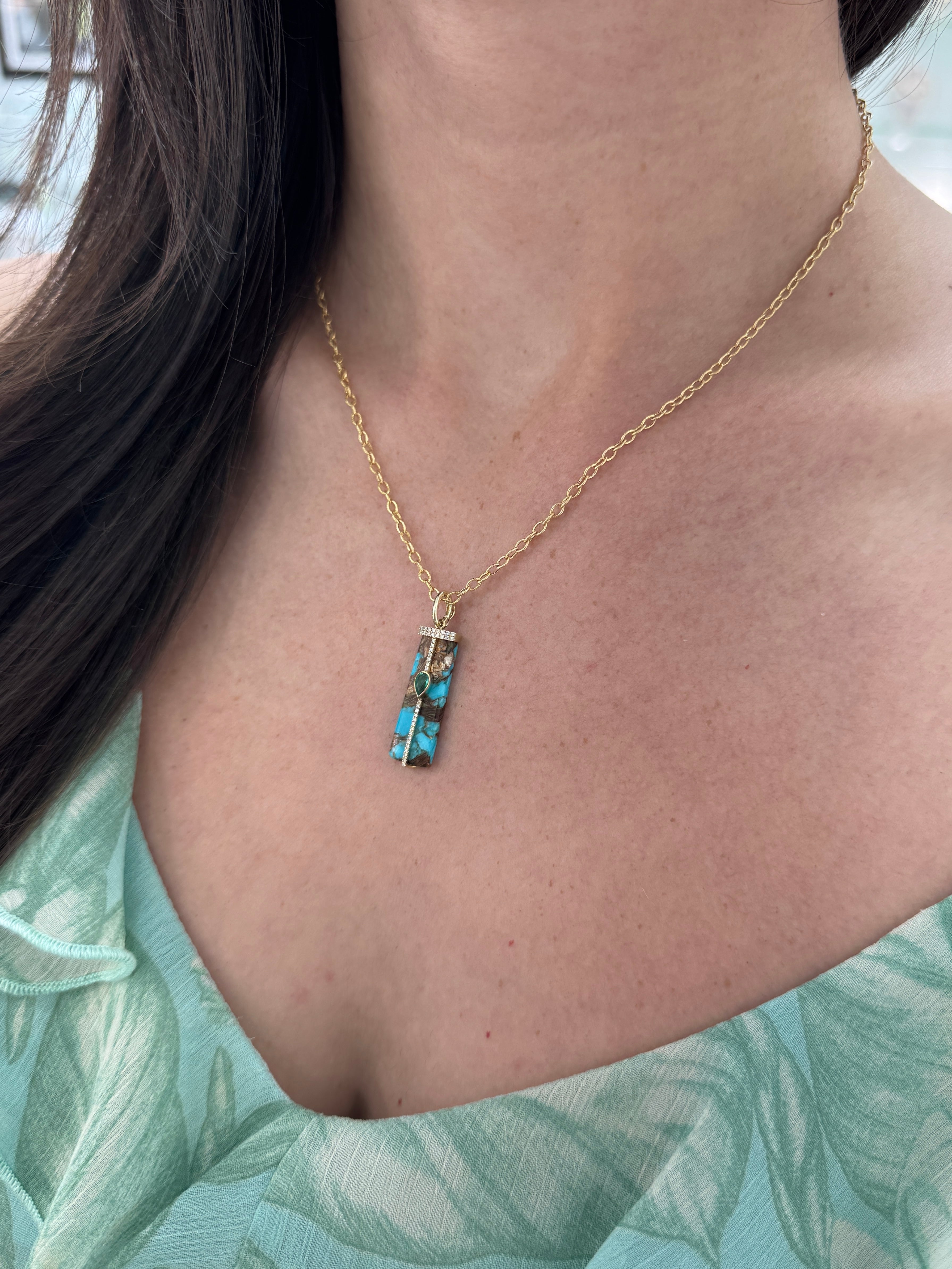 6.08tcw 14K Natural Turquoise, Emerald, & Diamond Pave Pebble Pendant