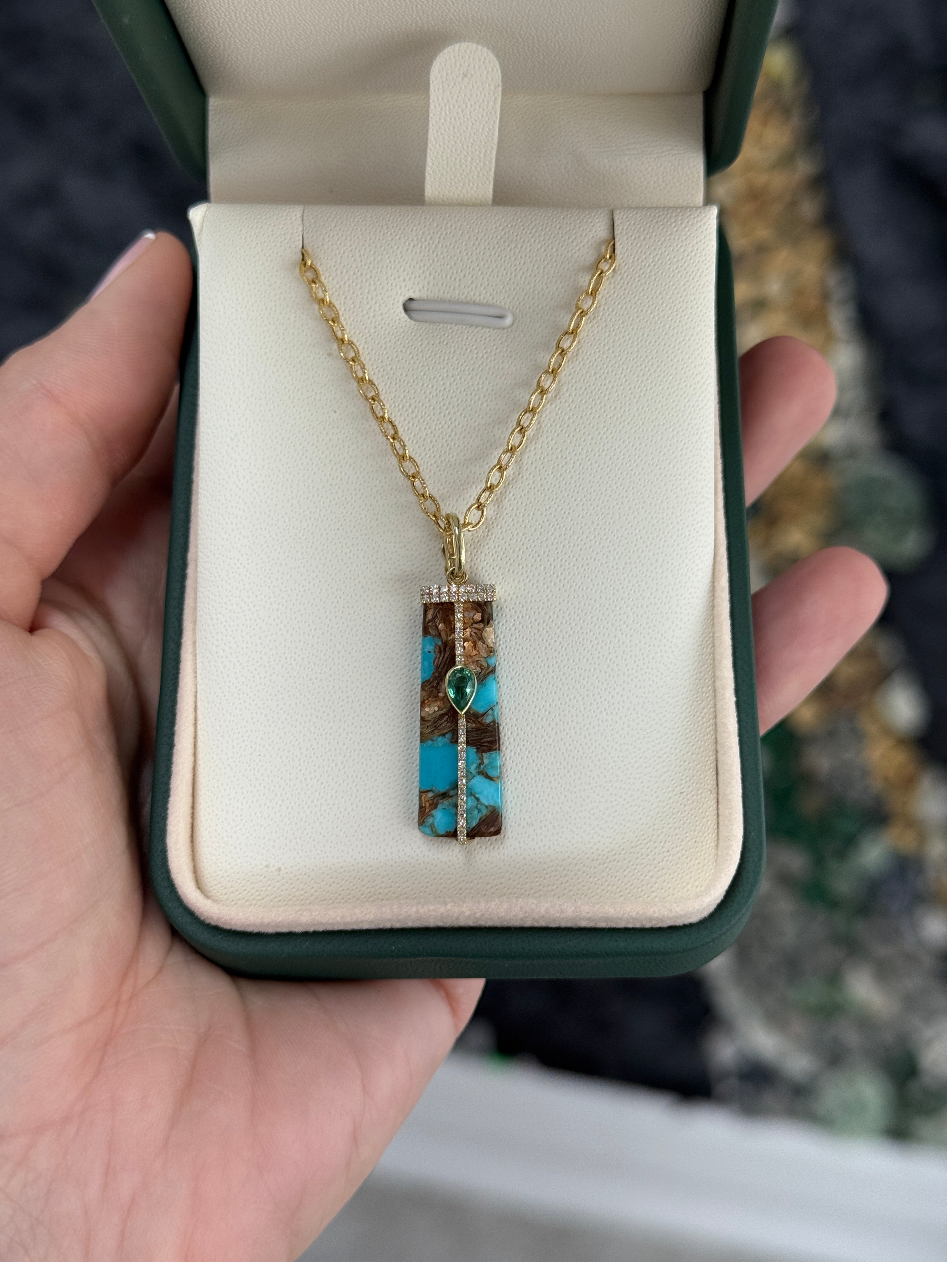 6.08tcw 14K Natural Turquoise, Emerald, & Diamond Pave Pebble Pendant