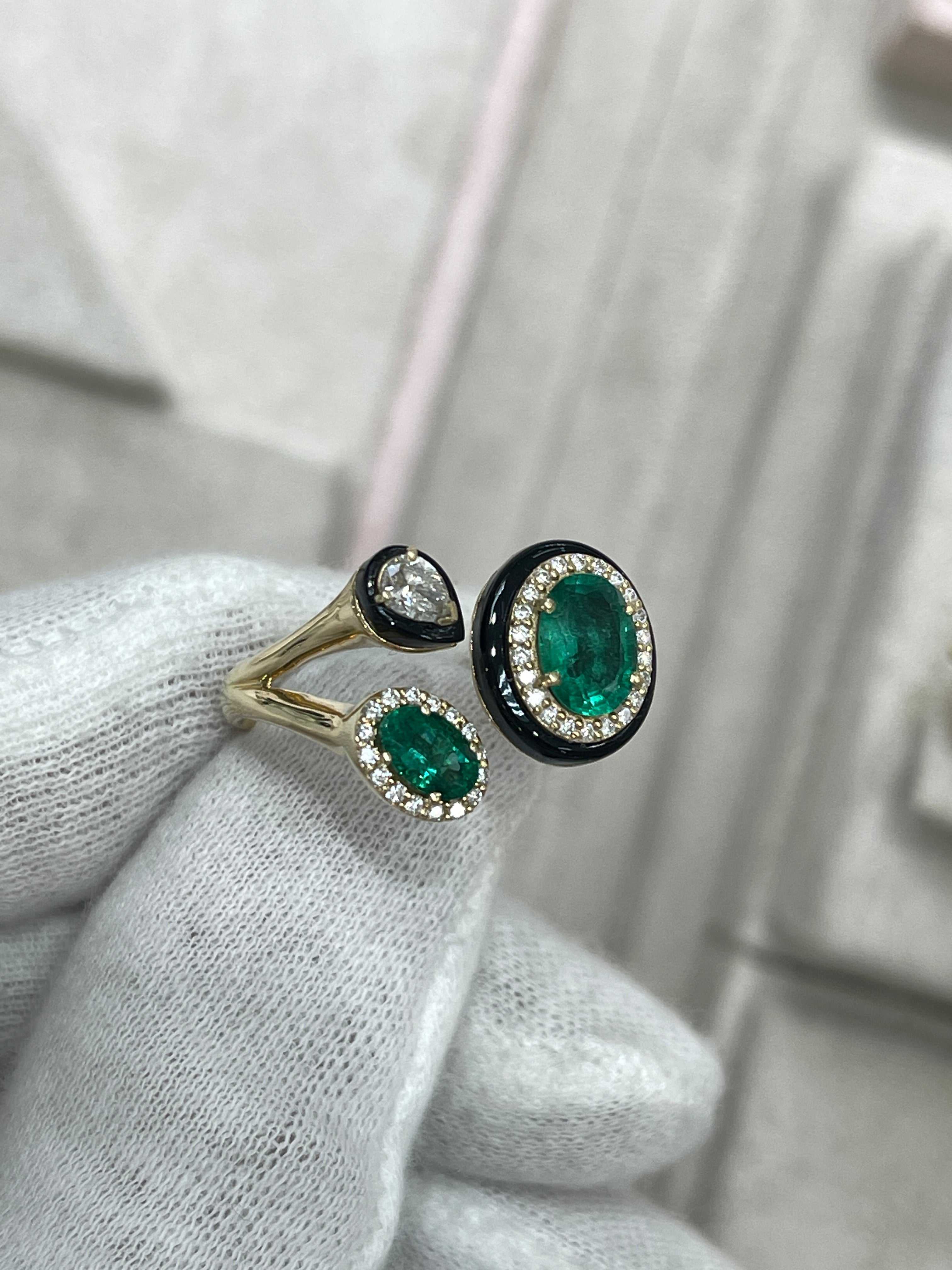 3.87tcw Oval Emerald, Diamond, and Black Onyx Cluster Statement Ring in 14K Gold - JR Colombian Emeralds