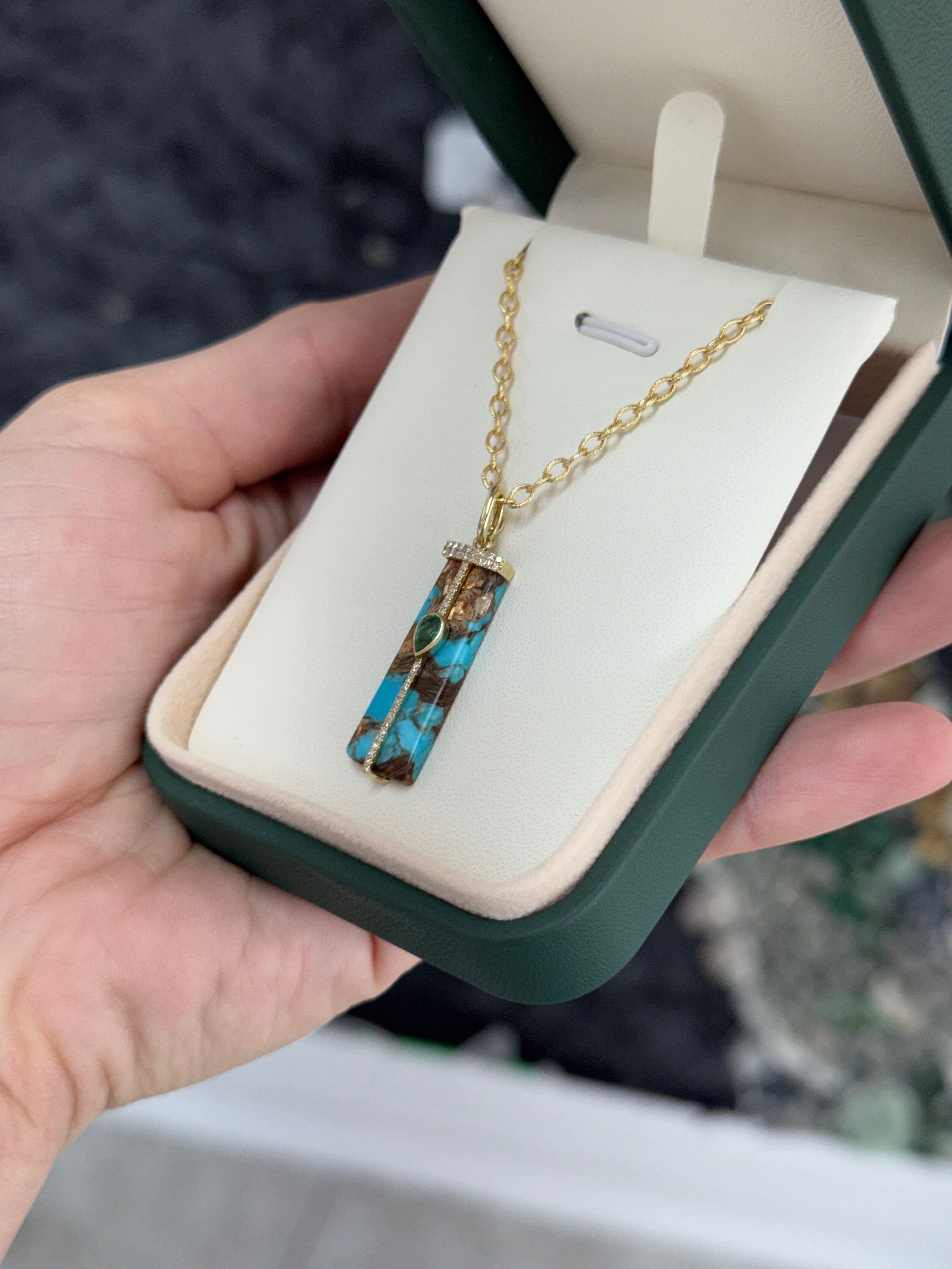 6.08tcw 14K Natural Turquoise, Emerald, & Diamond Pave Pebble Pendant