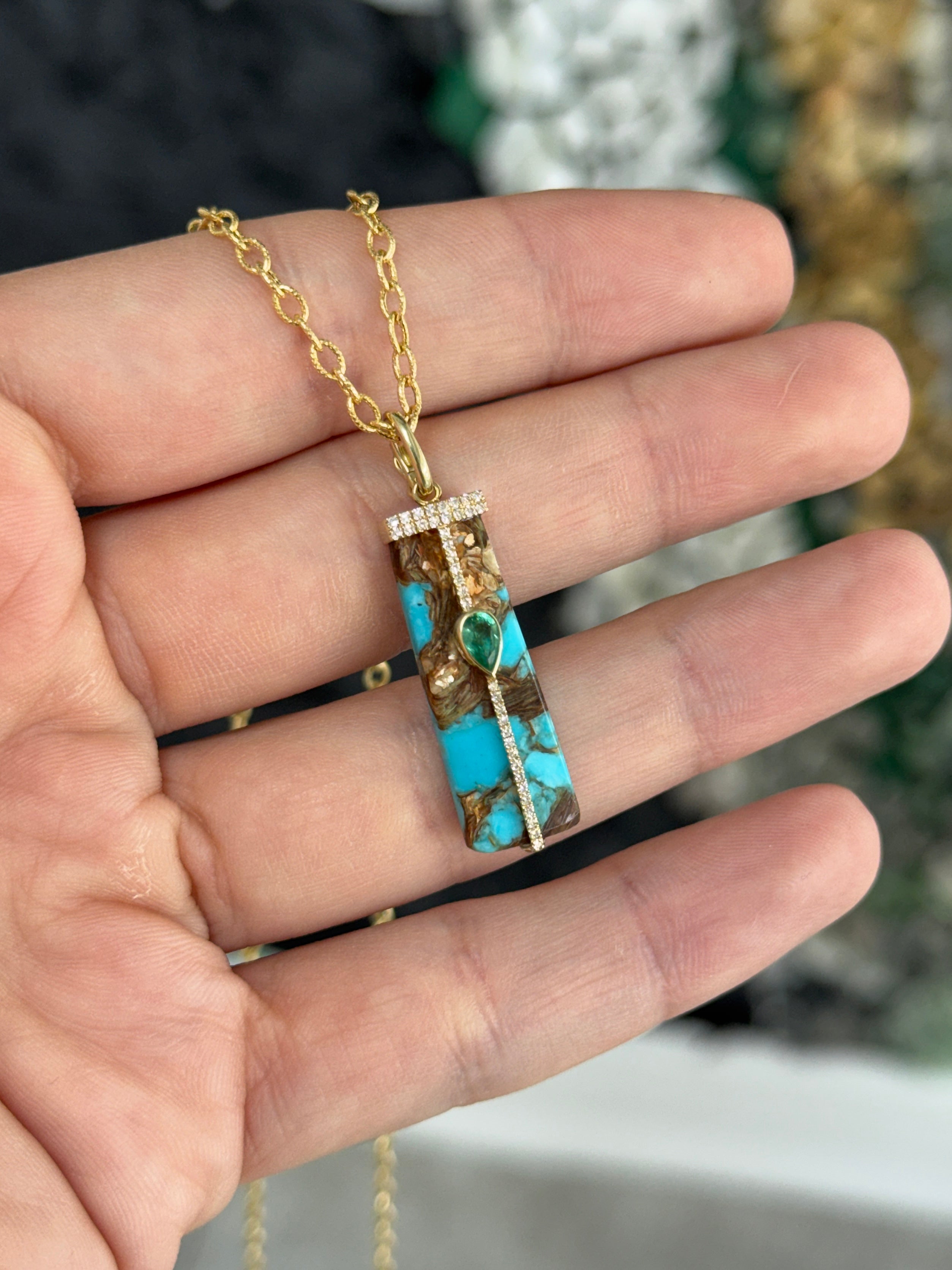 6.08tcw 14K Natural Turquoise, Emerald, & Diamond Pave Pebble Pendant