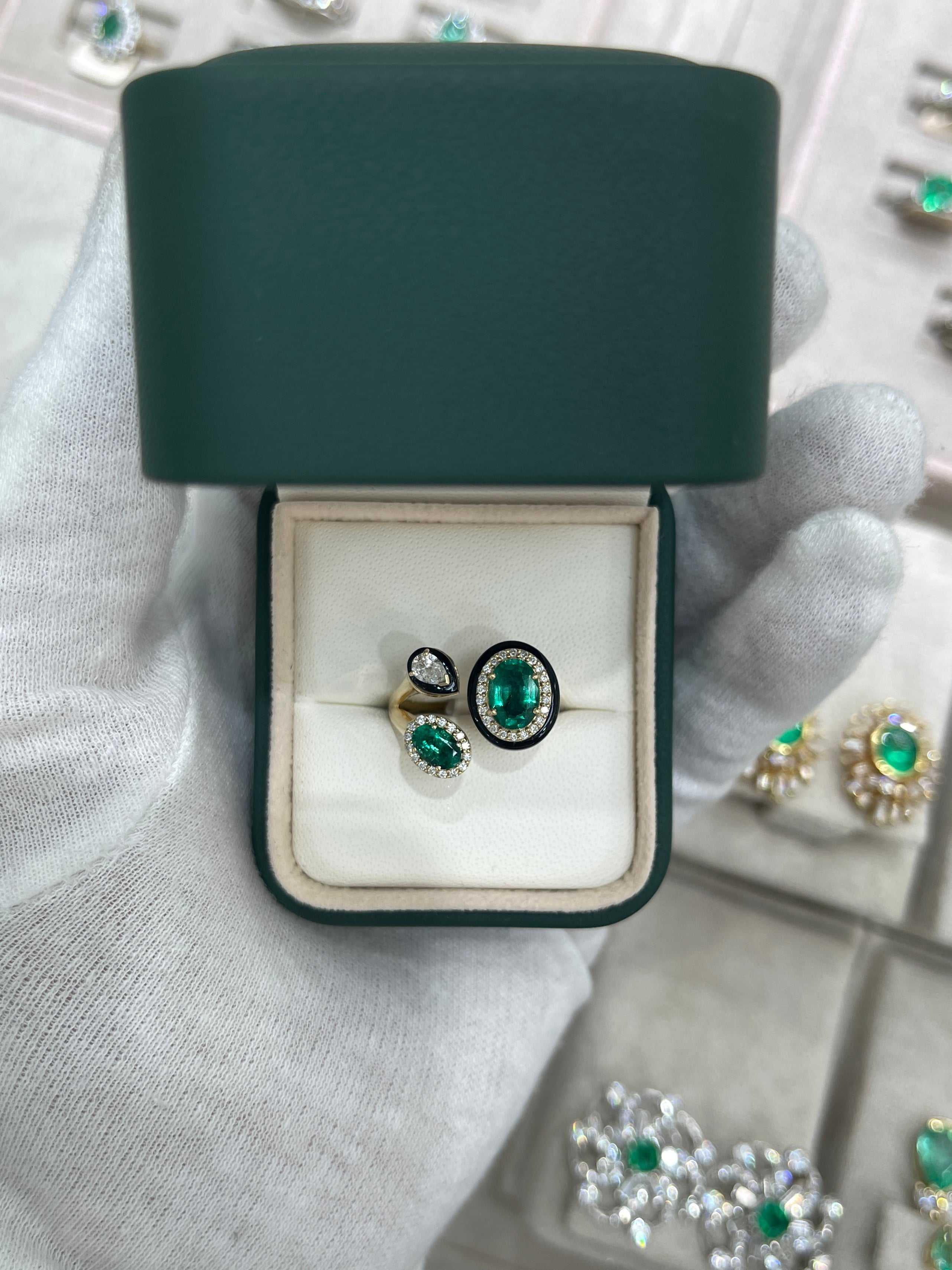3.87tcw Oval Emerald, Diamond, and Black Onyx Cluster Statement Ring in 14K Gold - JR Colombian Emeralds