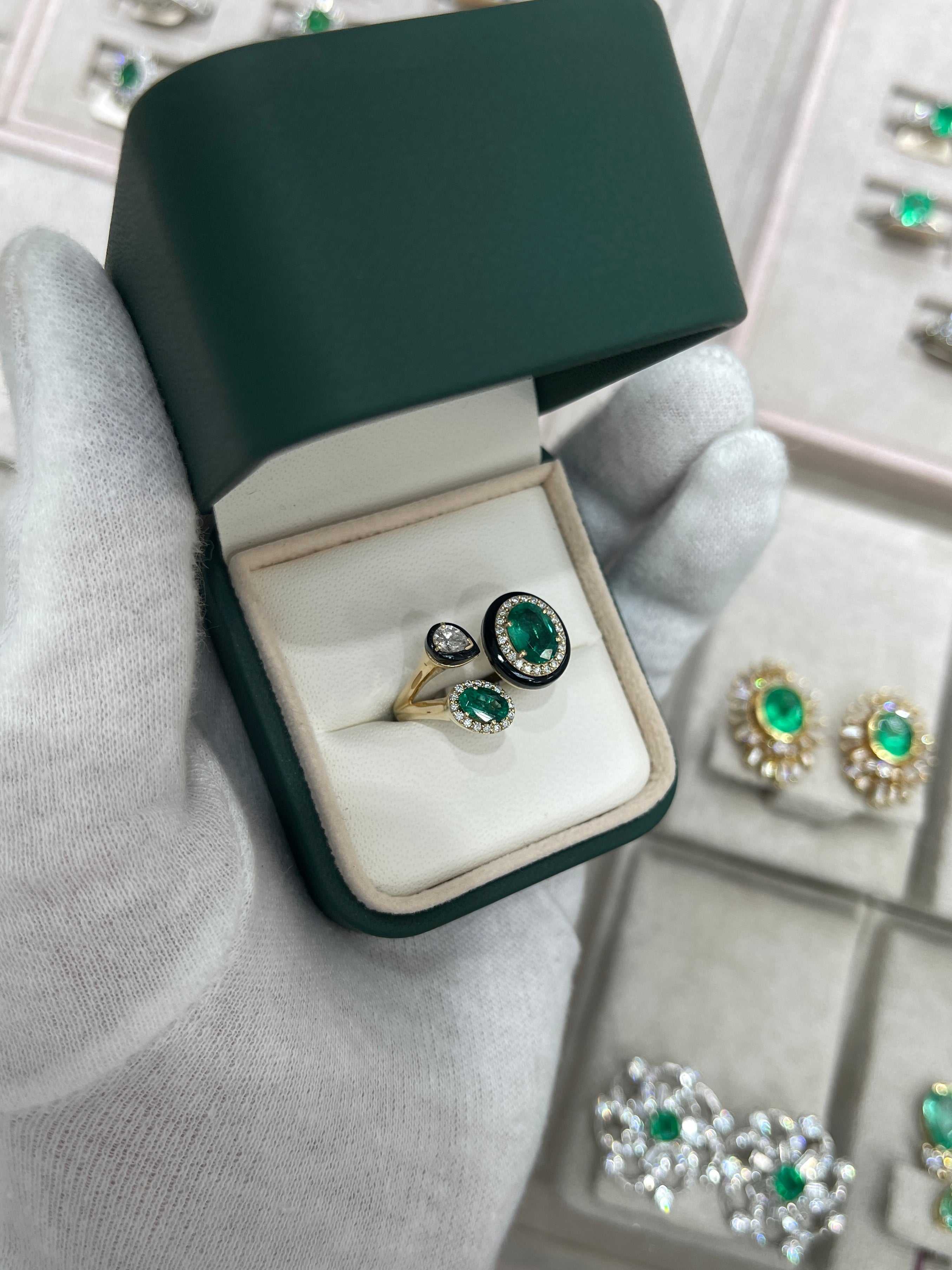 3.87tcw Oval Emerald, Diamond, and Black Onyx Cluster Statement Ring in 14K Gold - JR Colombian Emeralds