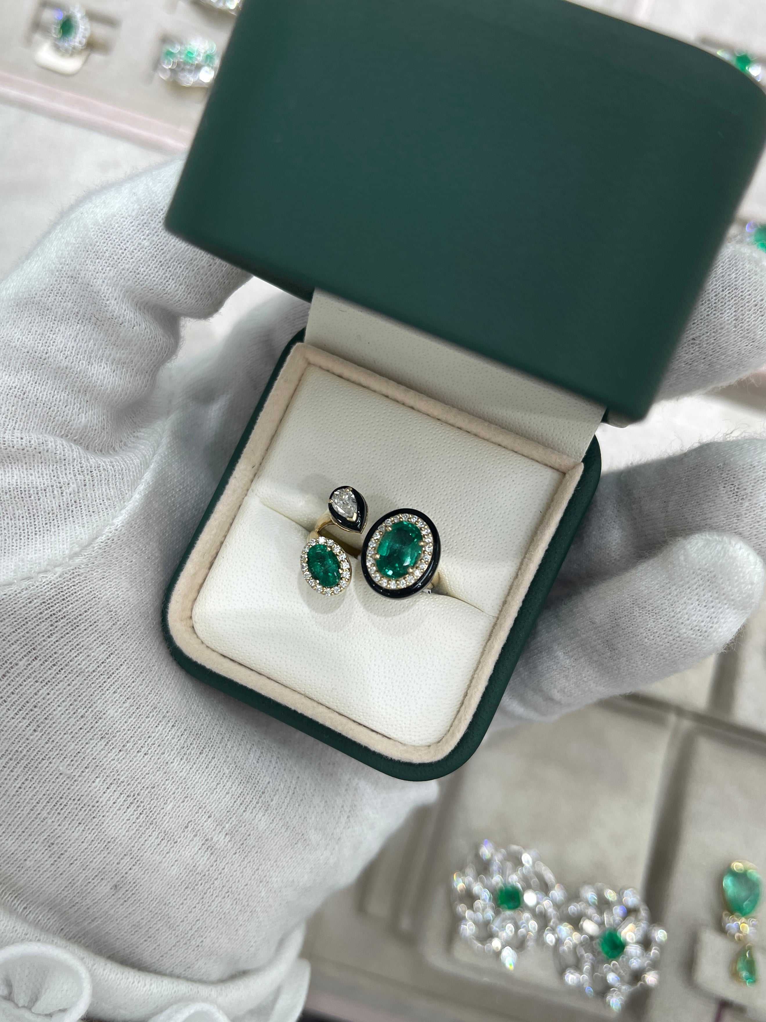 3.87tcw Oval Emerald, Diamond, and Black Onyx Cluster Statement Ring in 14K Gold - JR Colombian Emeralds