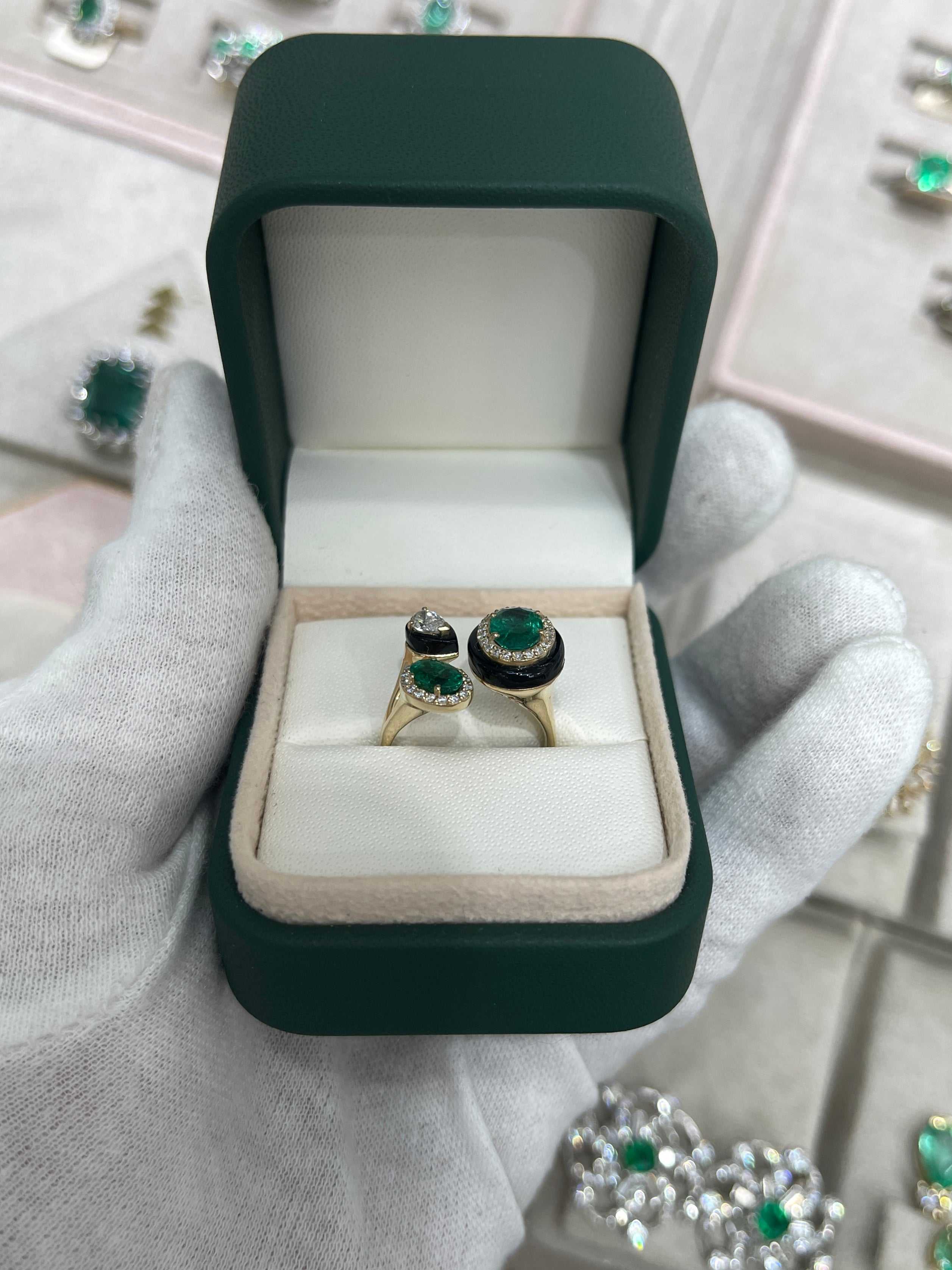 3.87tcw Oval Emerald, Diamond, and Black Onyx Cluster Statement Ring in 14K Gold - JR Colombian Emeralds