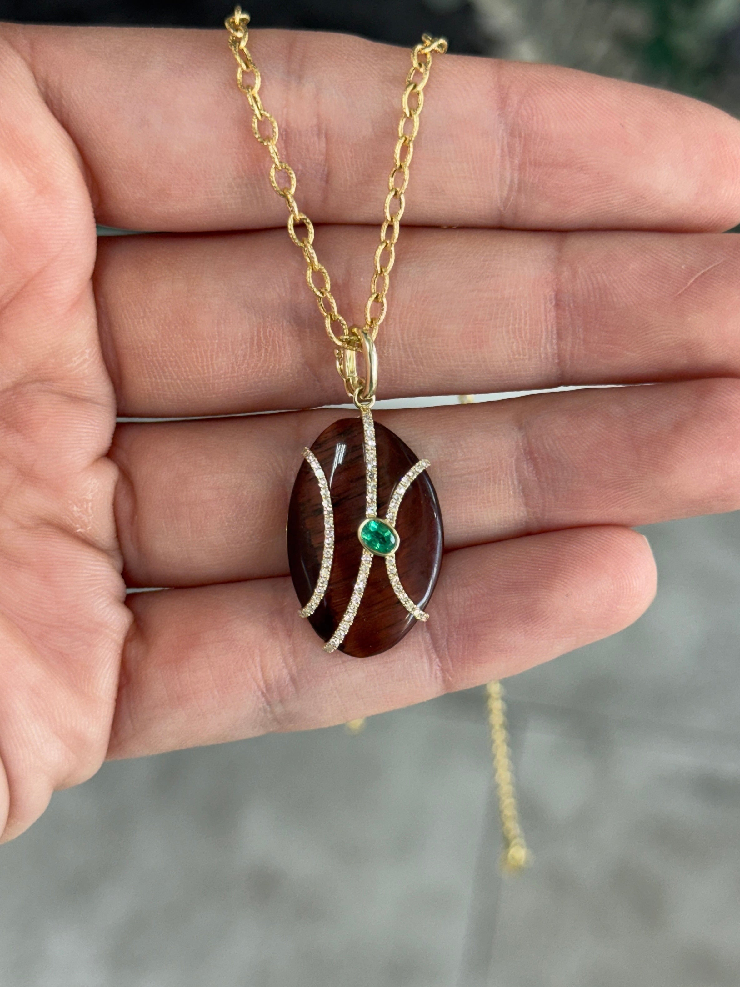 8.24tcw 14K Natural Tigers Eye, Emerald & Diamond Pave Pebble Pendant