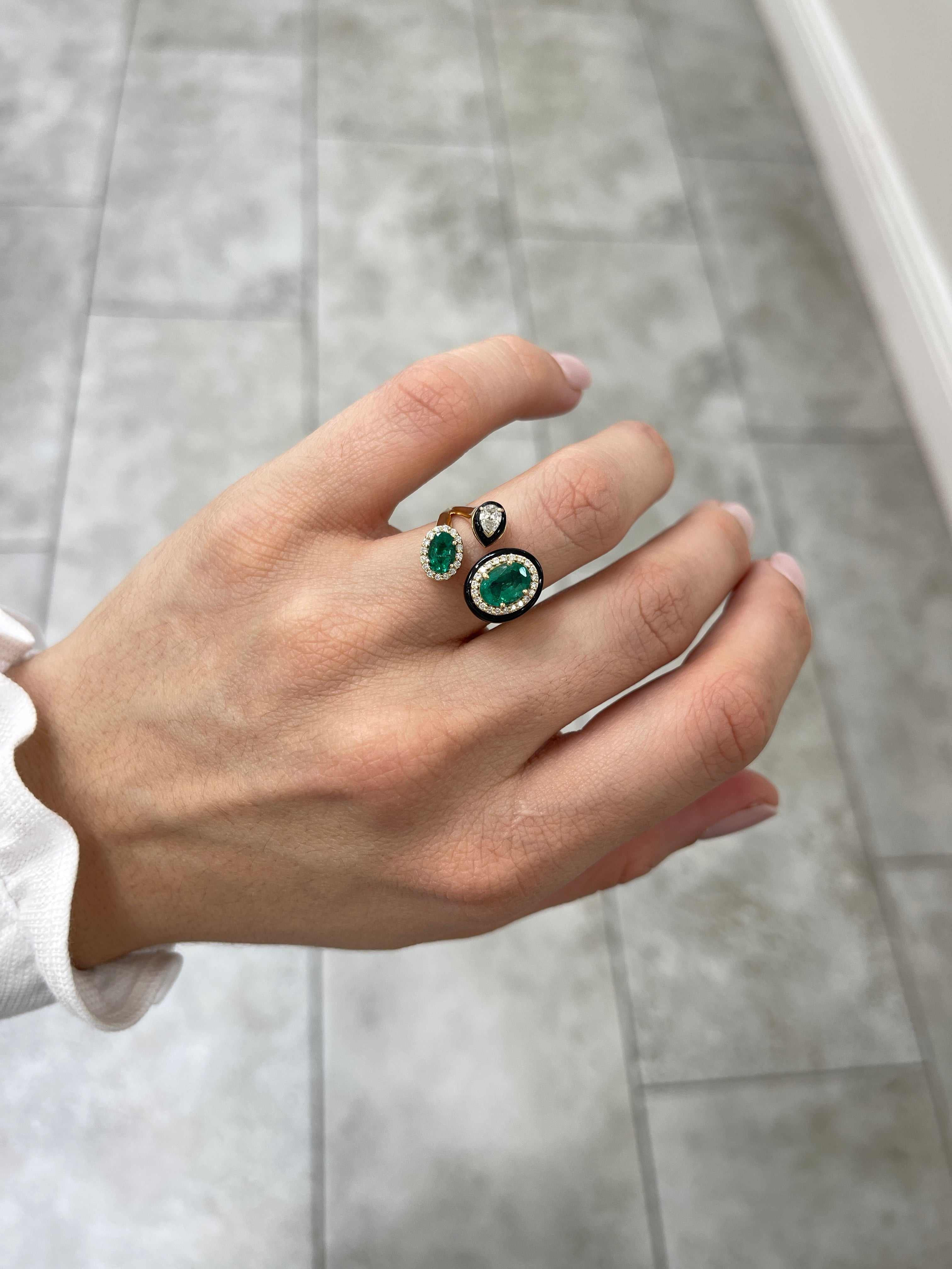 3.87tcw Oval Emerald, Diamond, and Black Onyx Cluster Statement Ring in 14K Gold - JR Colombian Emeralds