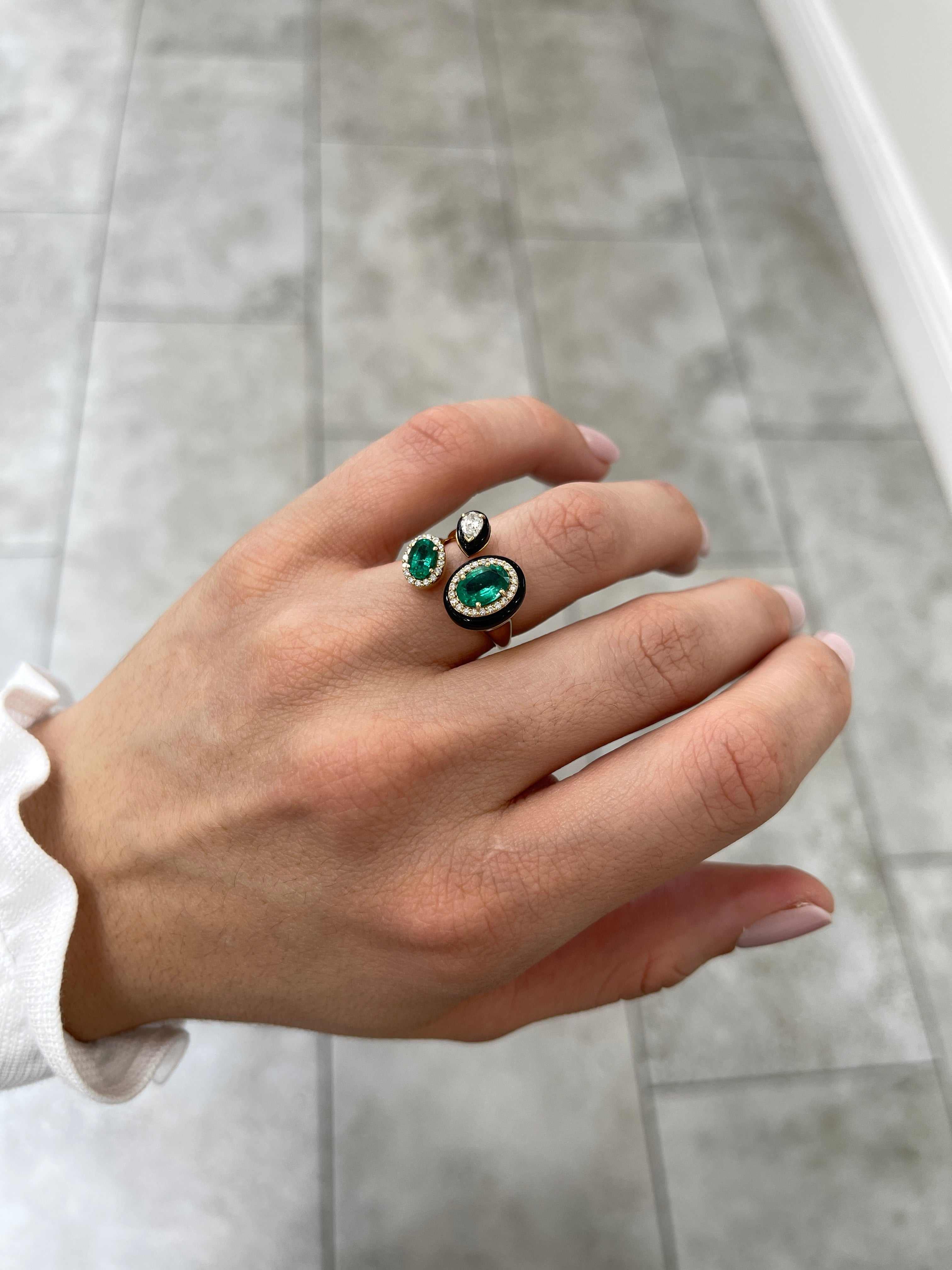 3.87tcw Oval Emerald, Diamond, and Black Onyx Cluster Statement Ring in 14K Gold - JR Colombian Emeralds