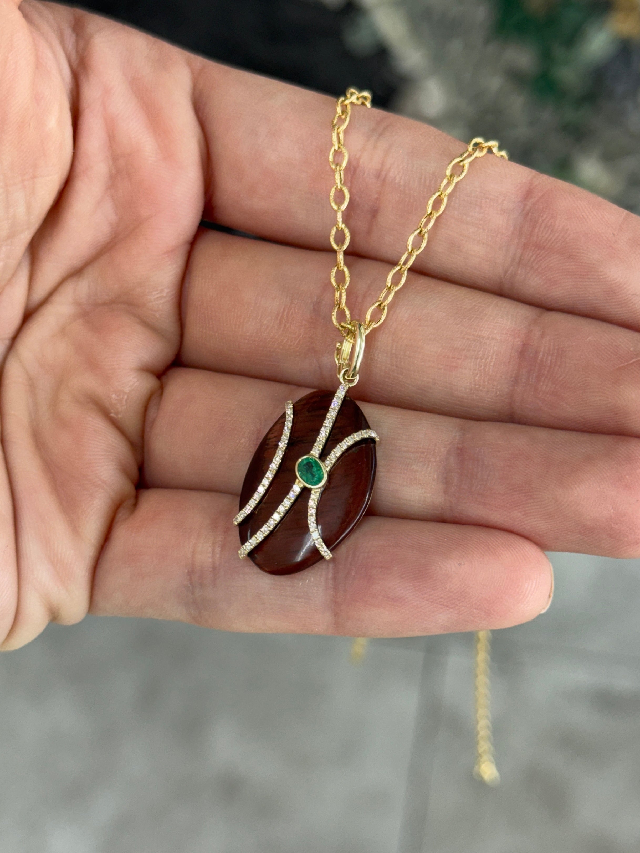 8.24tcw 14K Natural Tigers Eye, Emerald & Diamond Pave Pebble Pendant