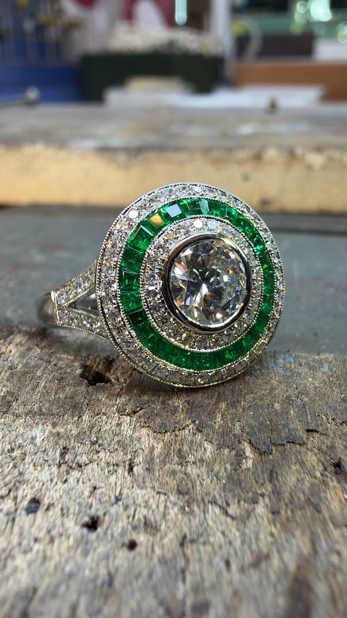 1.28tcw PLAT Natural Brilliant Round Diamond & Emerald Target Halo Ring Halo