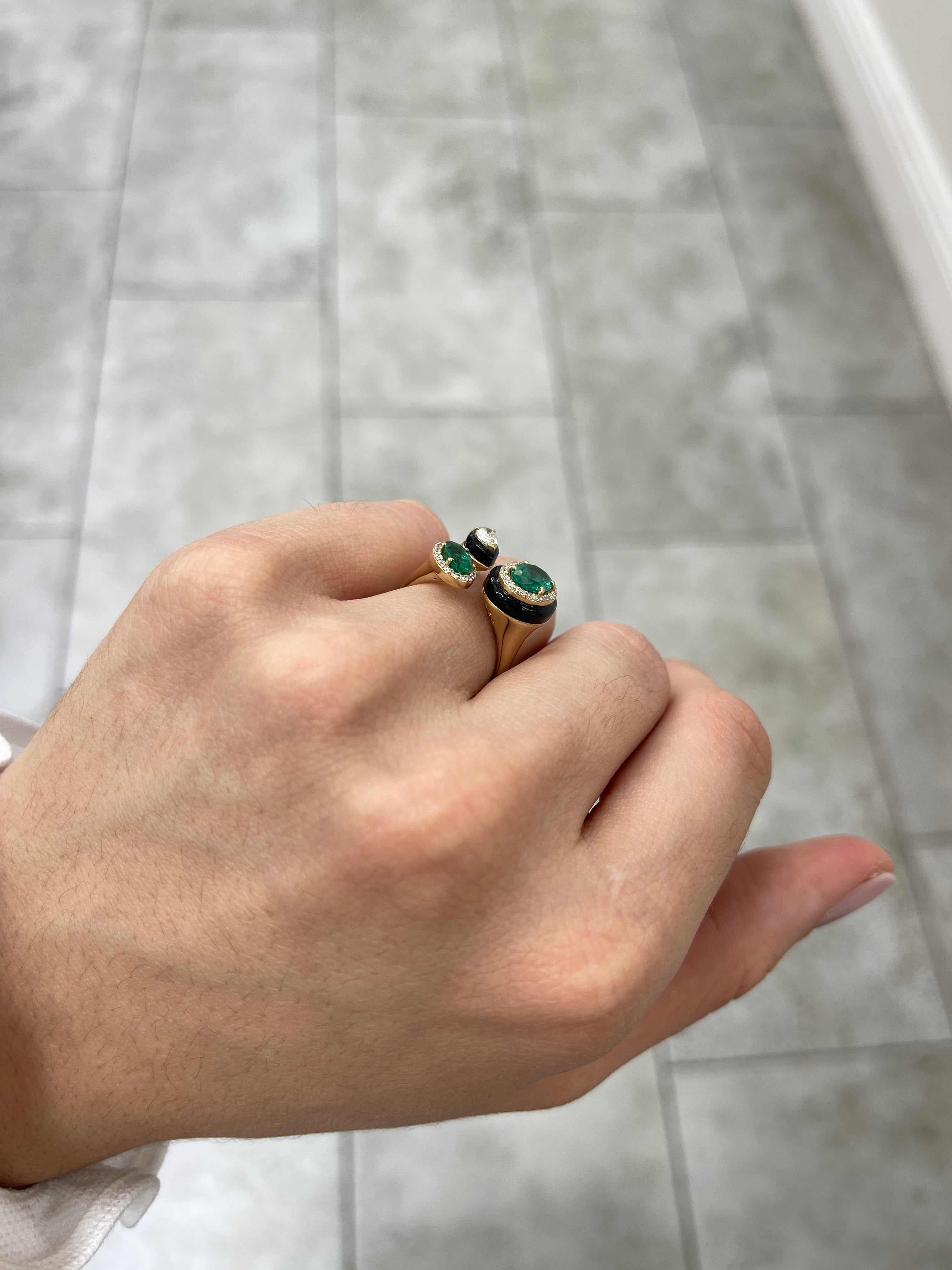 3.87tcw Oval Emerald, Diamond, and Black Onyx Cluster Statement Ring in 14K Gold - JR Colombian Emeralds