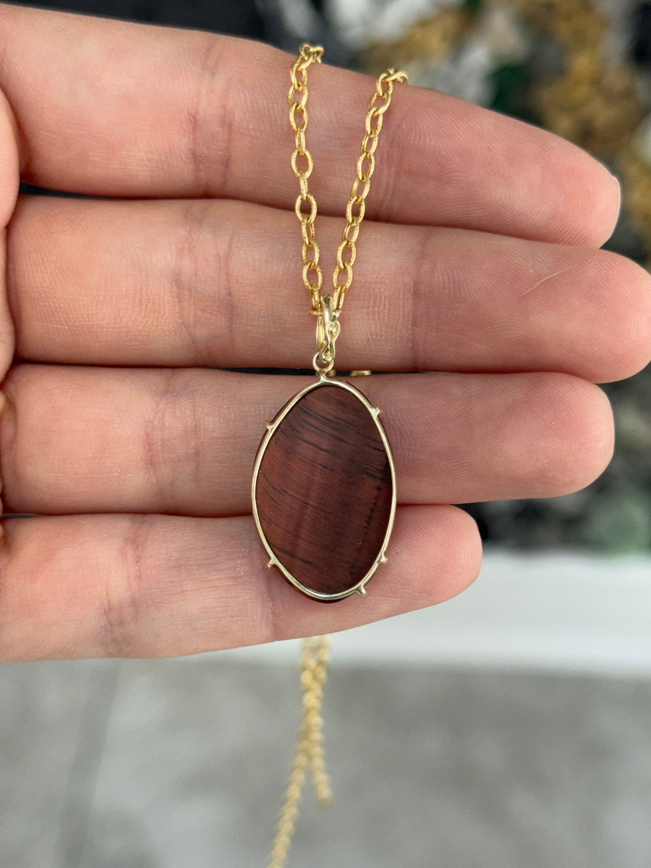 8.24tcw 14K Natural Tigers Eye, Emerald & Diamond Pave Pebble Pendant