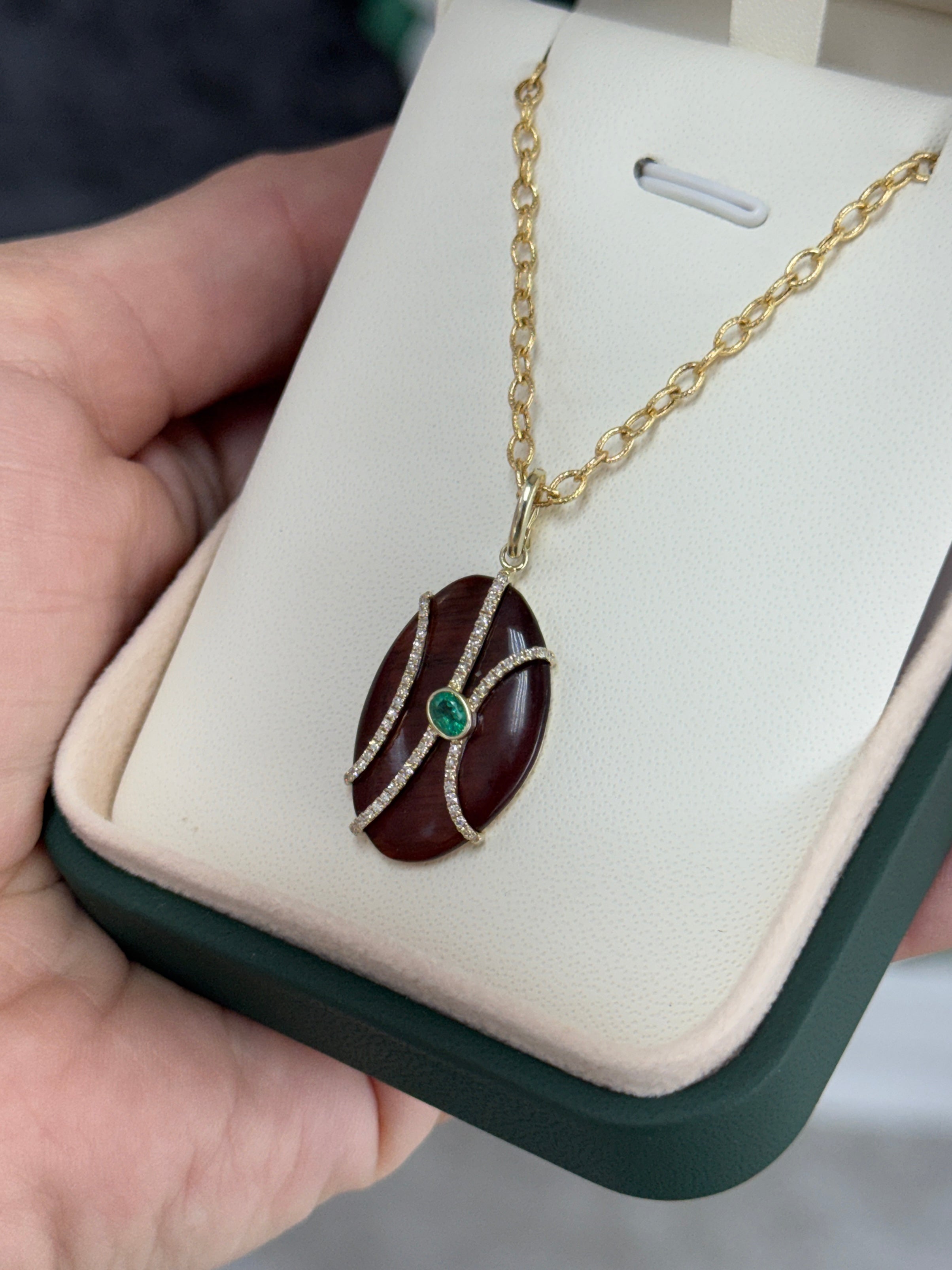 8.24tcw 14K Natural Tigers Eye, Emerald & Diamond Pave Pebble Pendant