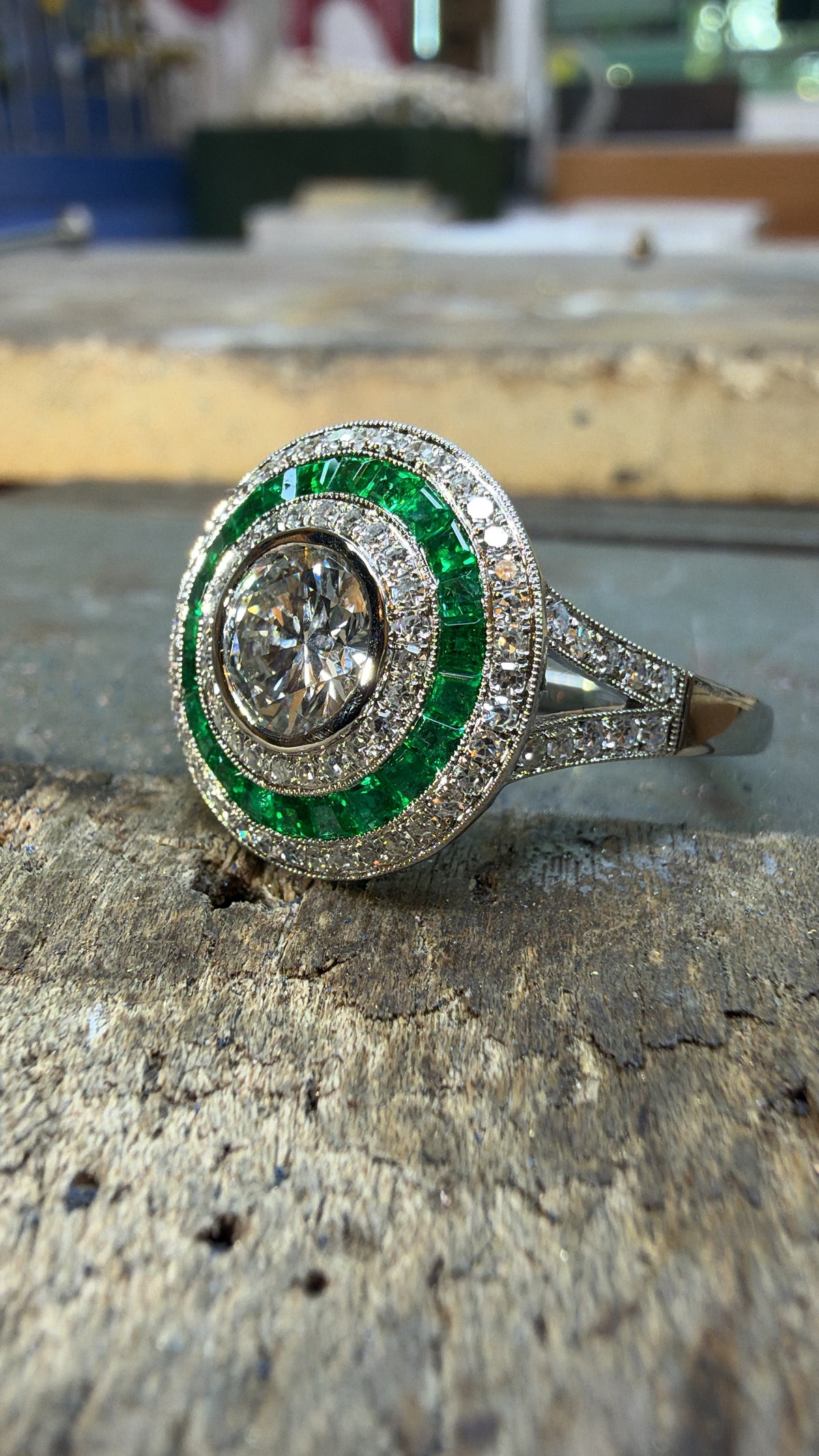 1.28tcw PLAT Natural Brilliant Round Diamond & Emerald Target Halo Ring Halo