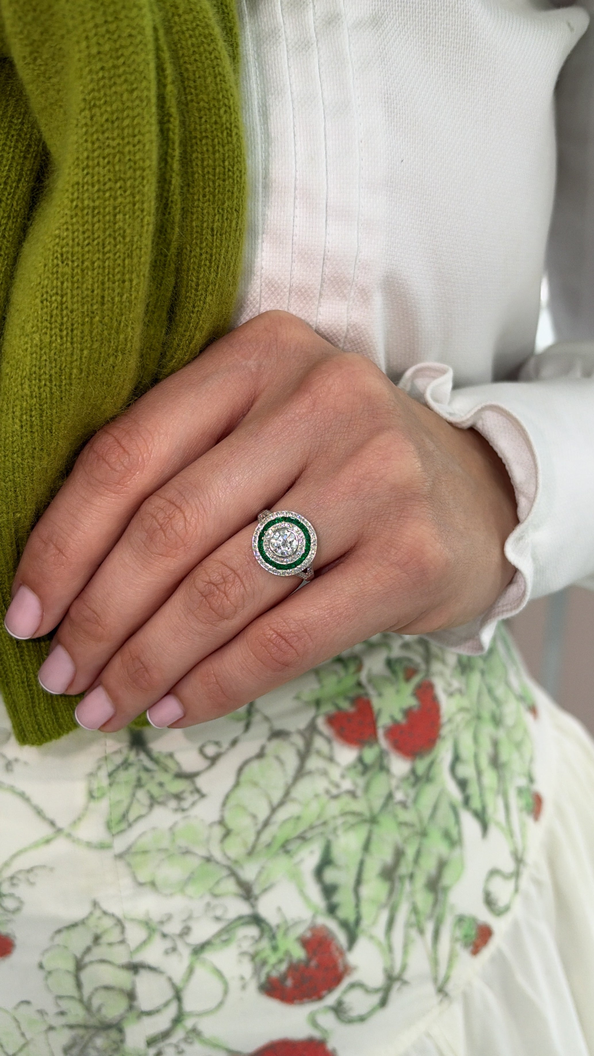 1.28tcw PLAT Natural Brilliant Round Diamond & Emerald Target Halo Ring Halo