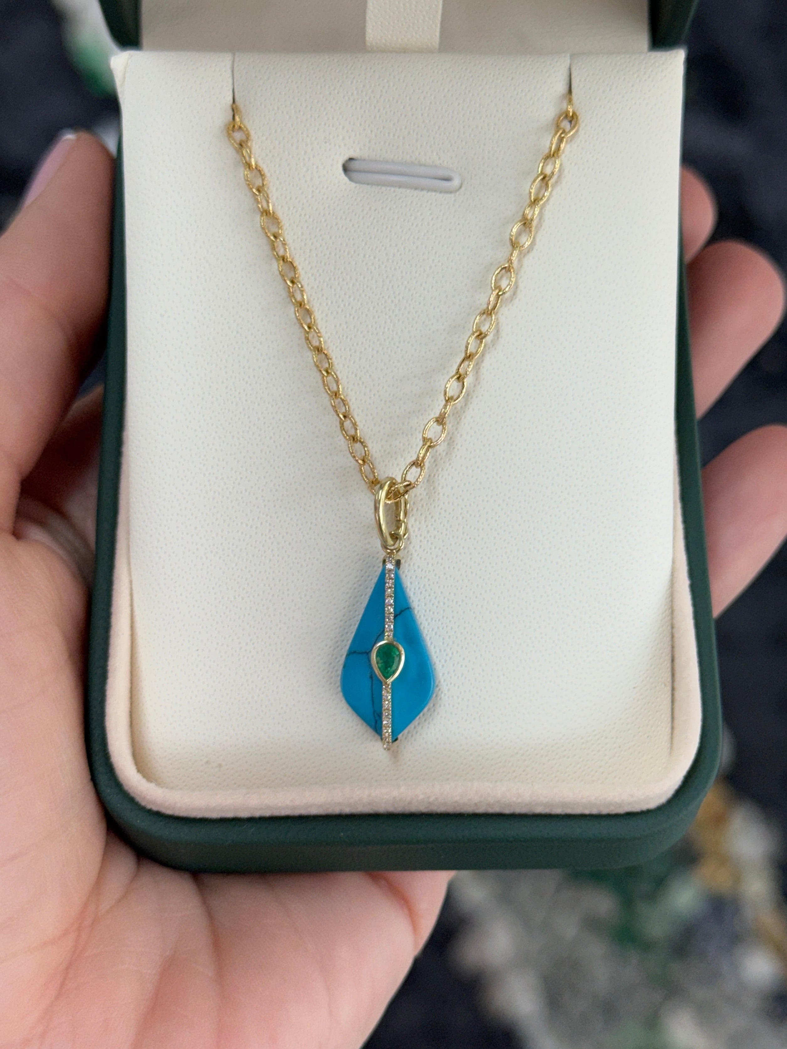 4.26tcw 14K Natural Turquoise, Emerald, & Diamond Pebble Pendant