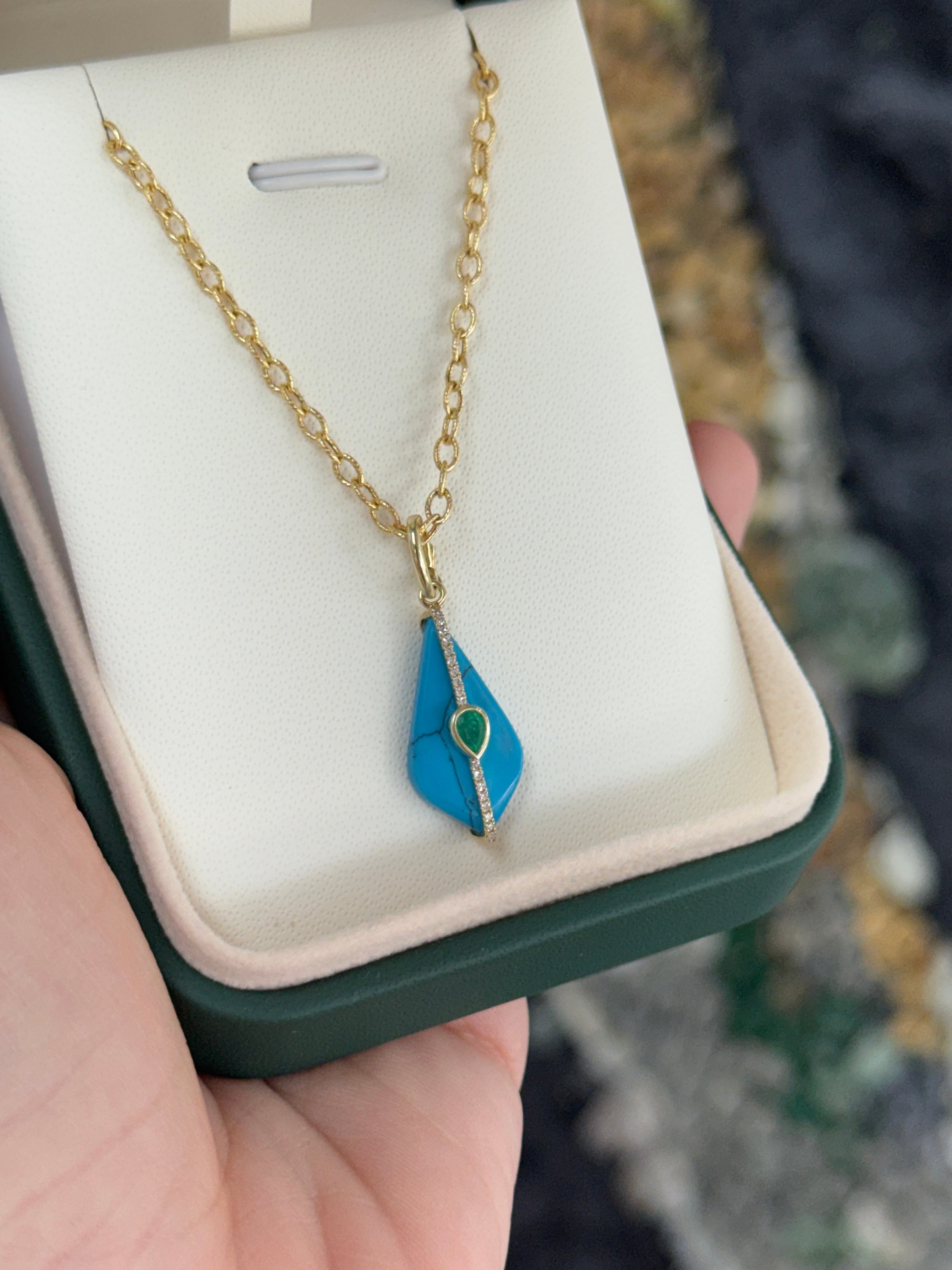 4.26tcw 14K Natural Turquoise, Emerald, & Diamond Pebble Pendant