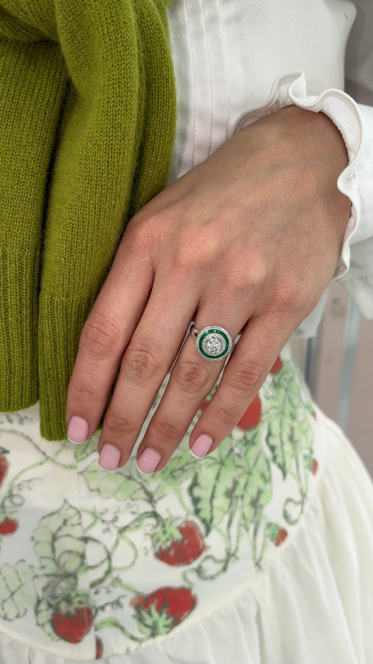 1.28tcw PLAT Natural Brilliant Round Diamond & Emerald Target Halo Ring Halo