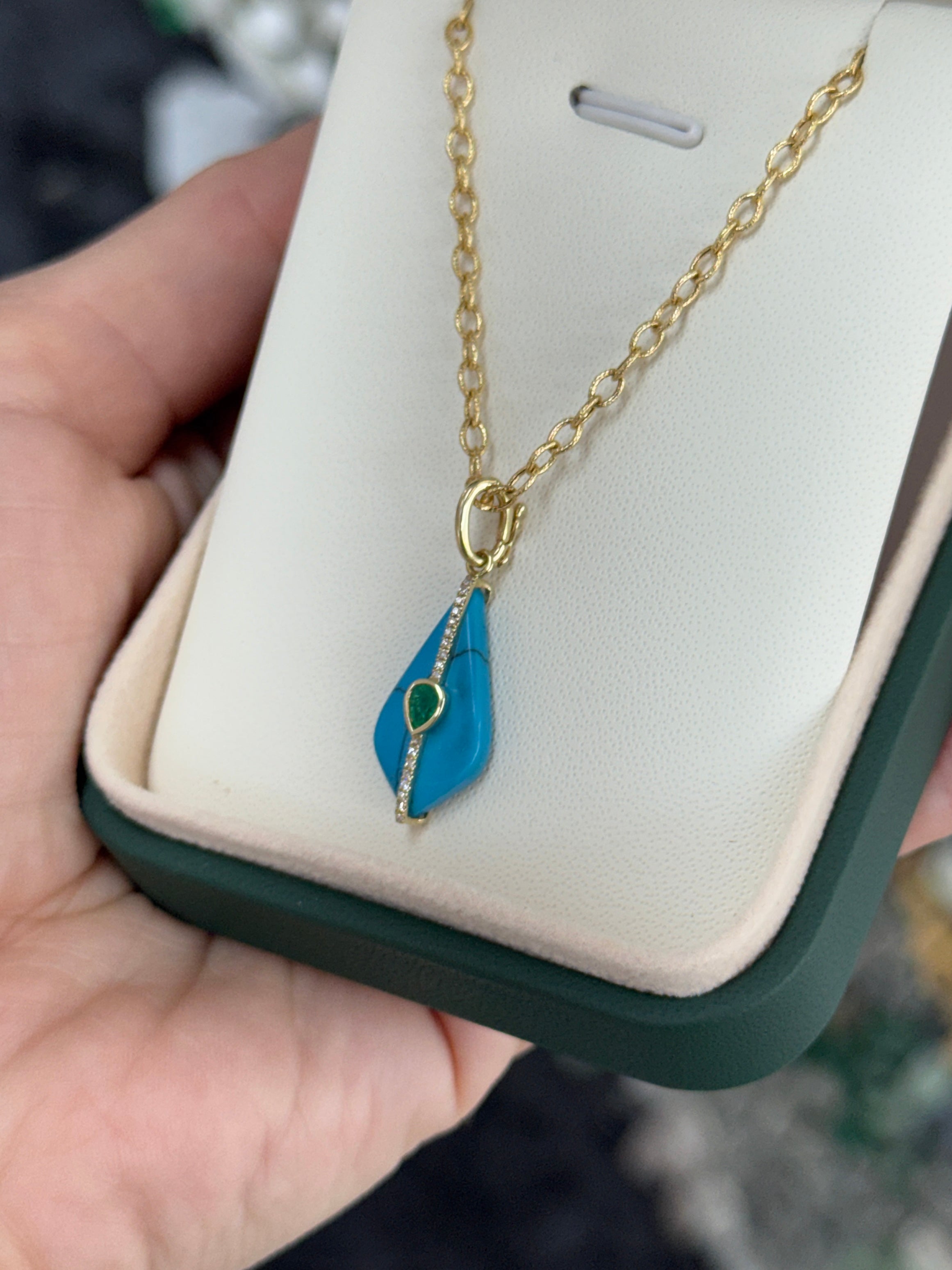 4.26tcw 14K Natural Turquoise, Emerald, & Diamond Pebble Pendant
