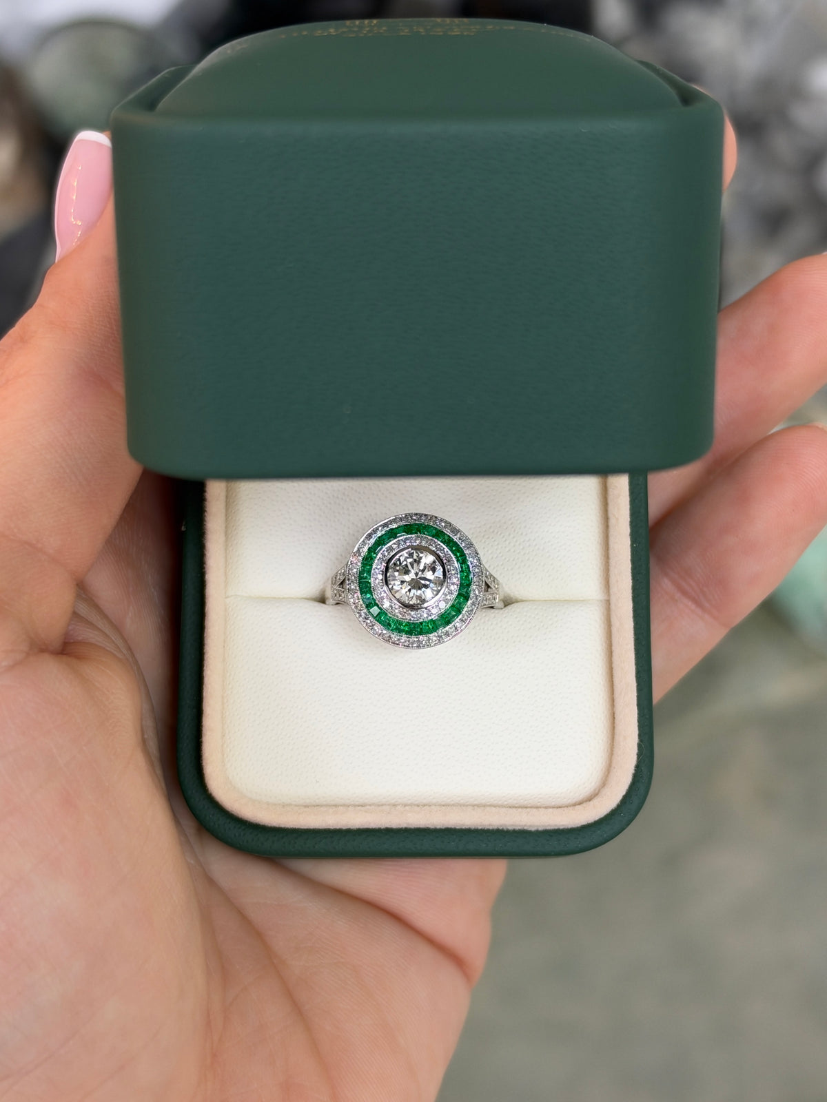 1.28tcw PLAT Natural Brilliant Round Diamond & Emerald Target Halo Ring Halo