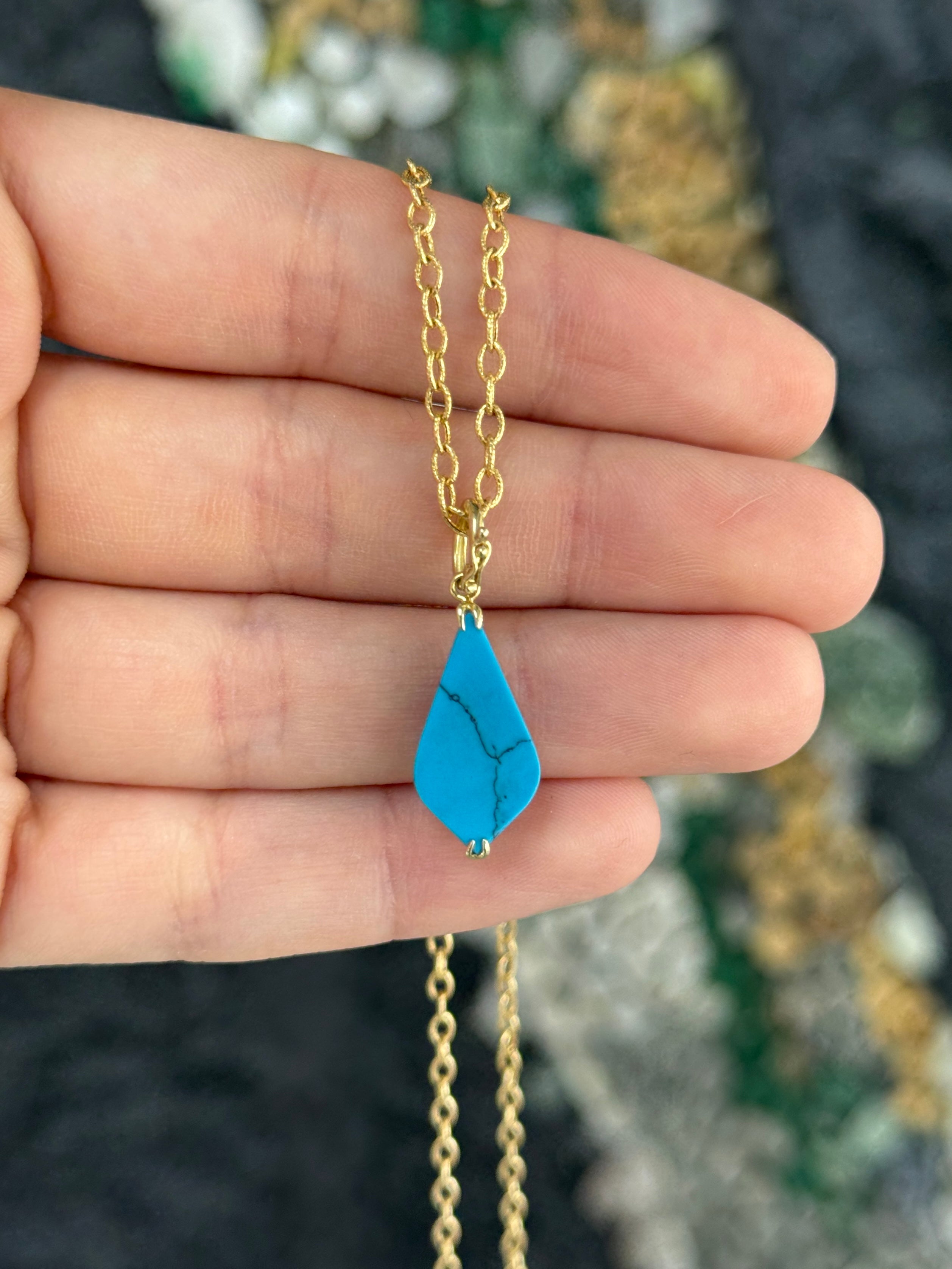 4.26tcw 14K Natural Turquoise, Emerald, & Diamond Pebble Pendant