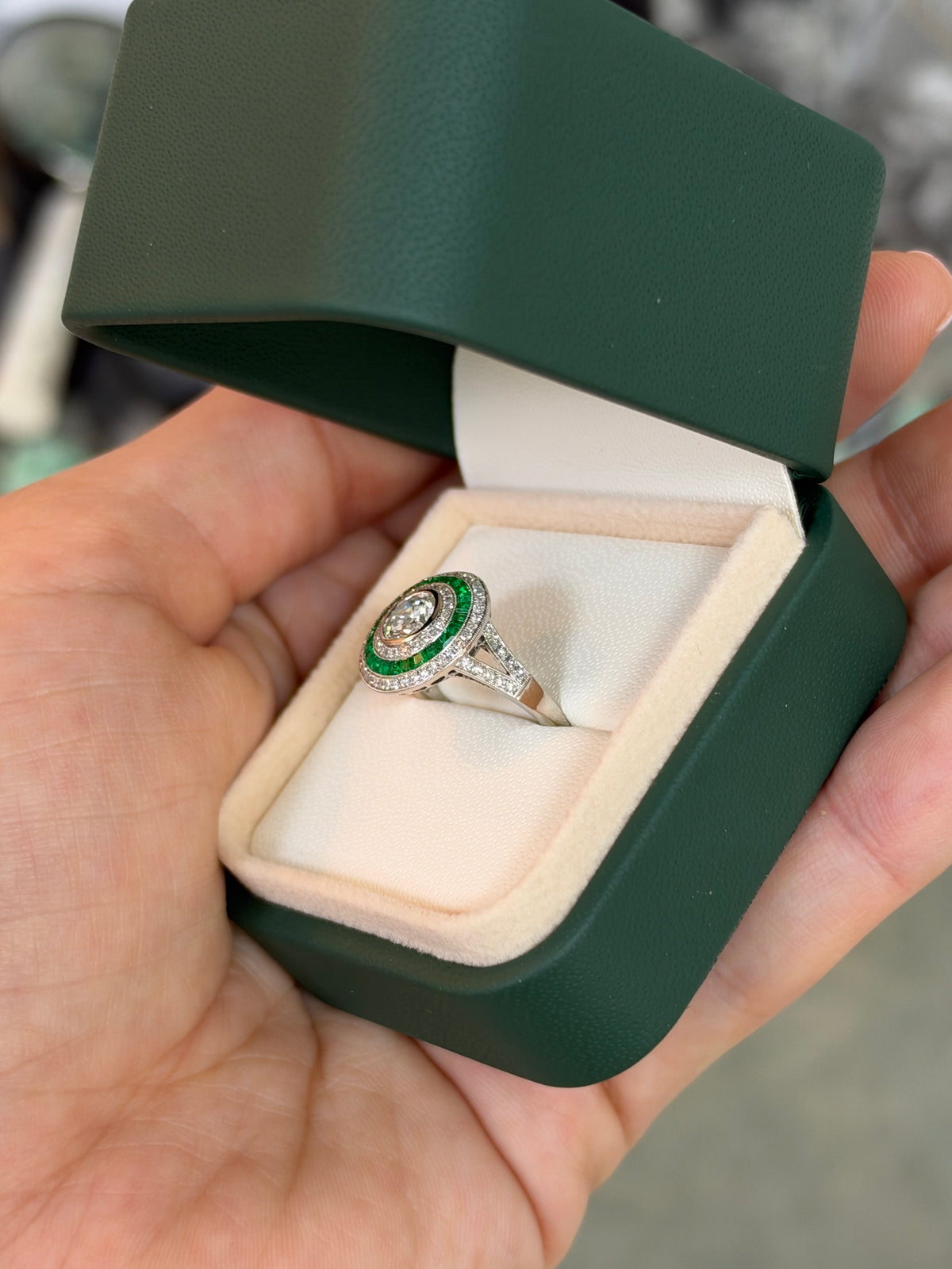 1.28tcw PLAT Natural Brilliant Round Diamond & Emerald Target Halo Ring Halo