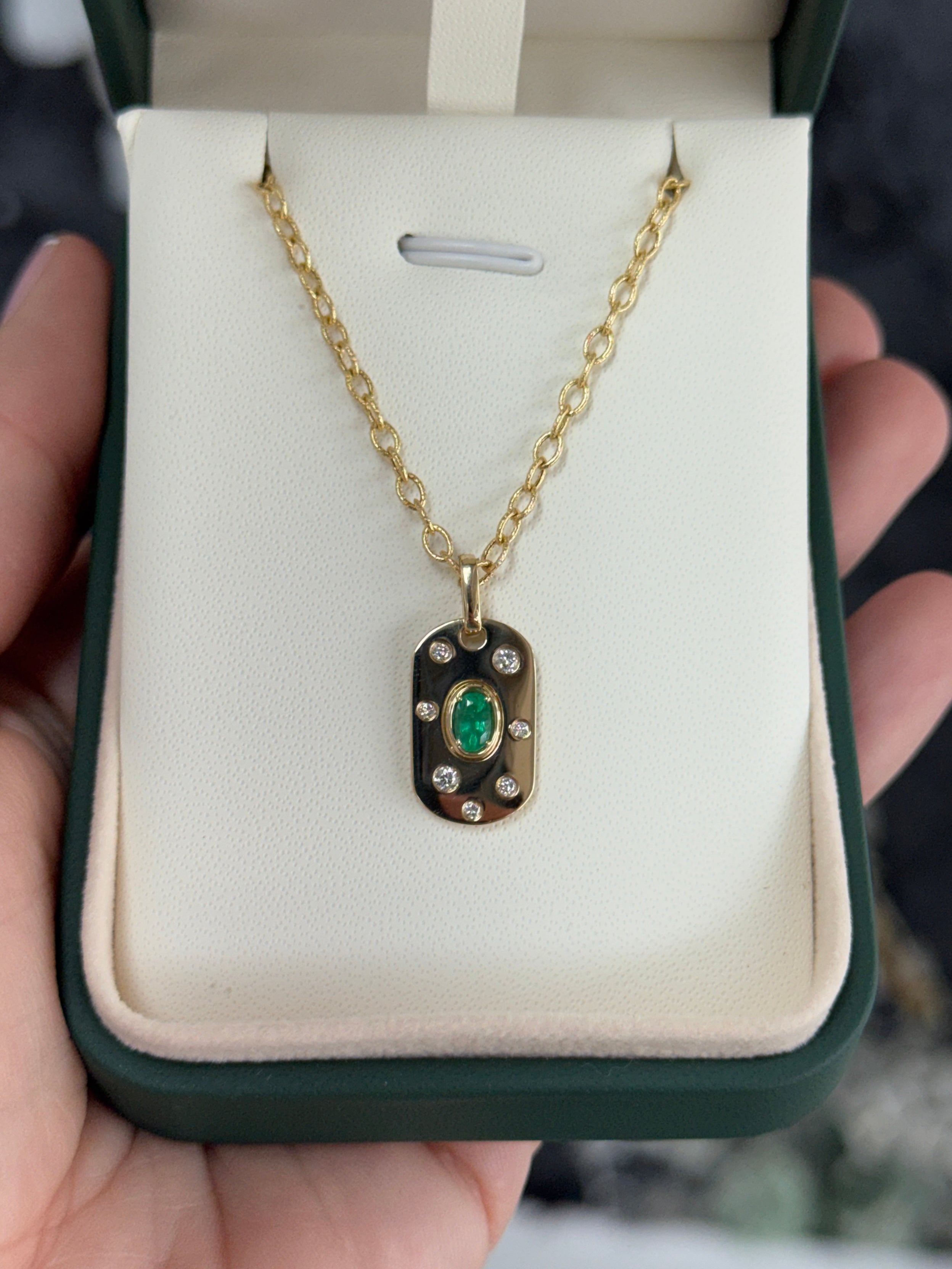 14K Natural Oval Cut Emerald & Diamond Dog Tag Pendant