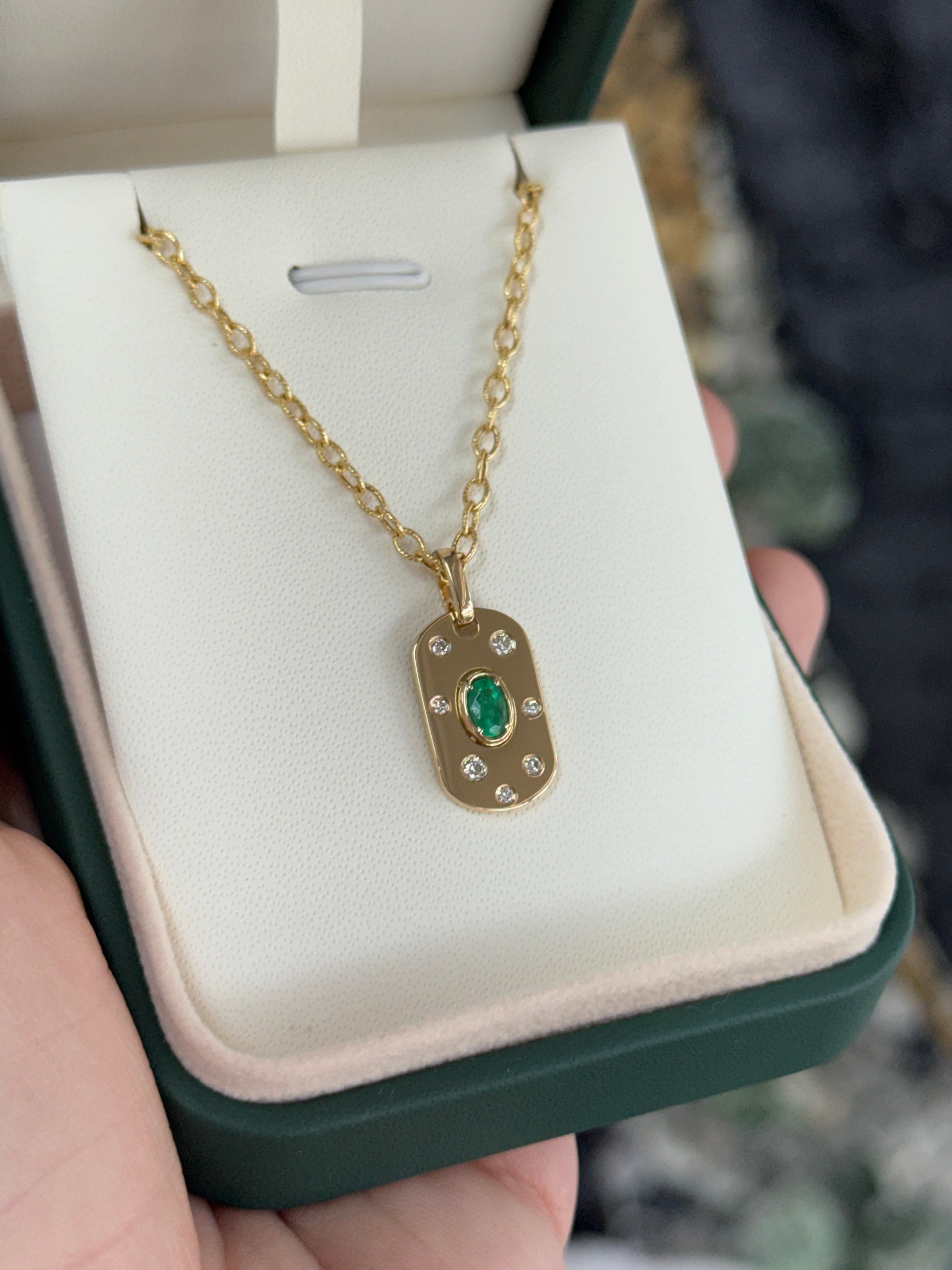 14K Natural Oval Cut Emerald & Diamond Dog Tag Pendant