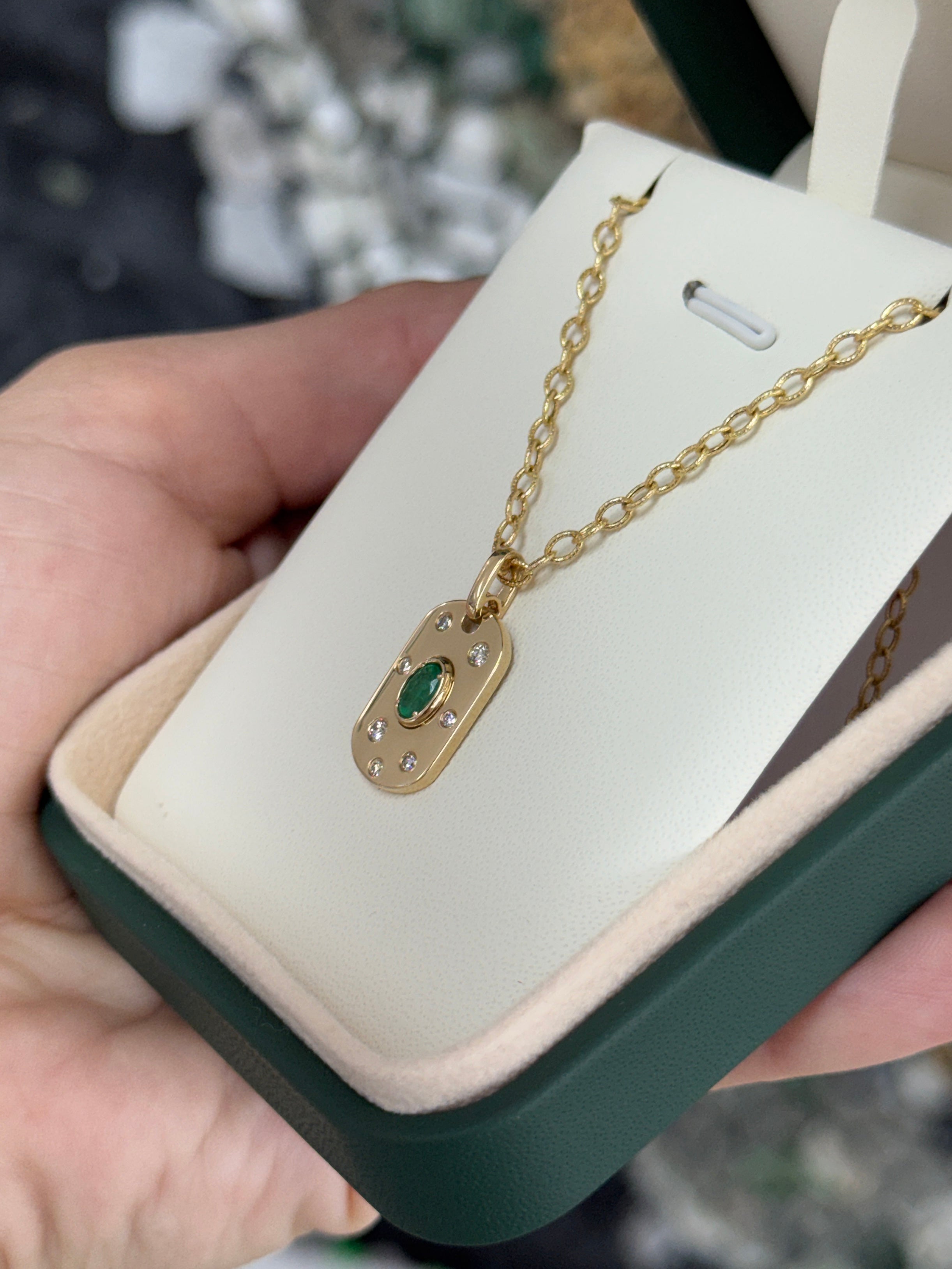 14K Natural Oval Cut Emerald & Diamond Dog Tag Pendant