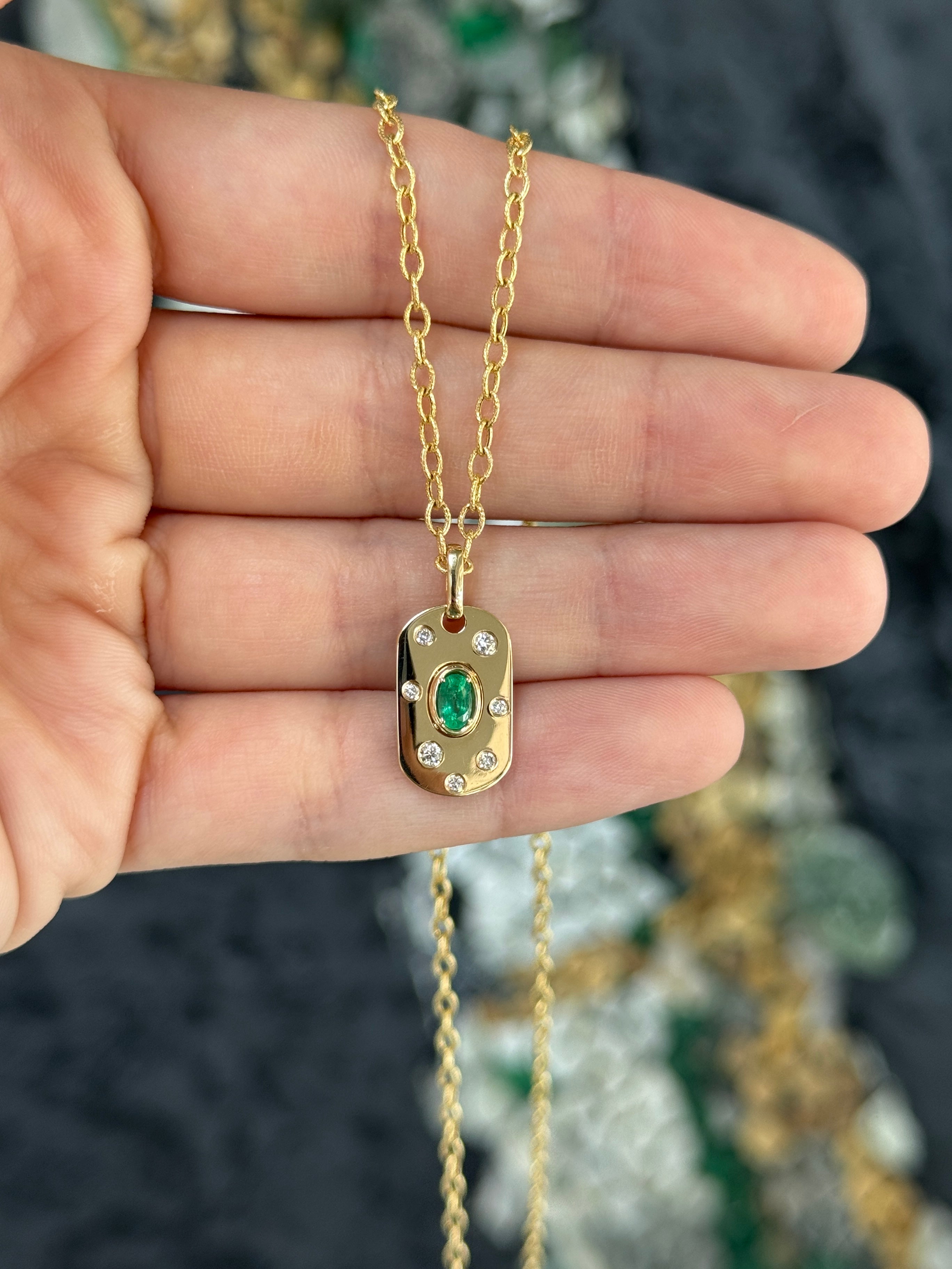 14K Natural Oval Cut Emerald & Diamond Dog Tag Pendant