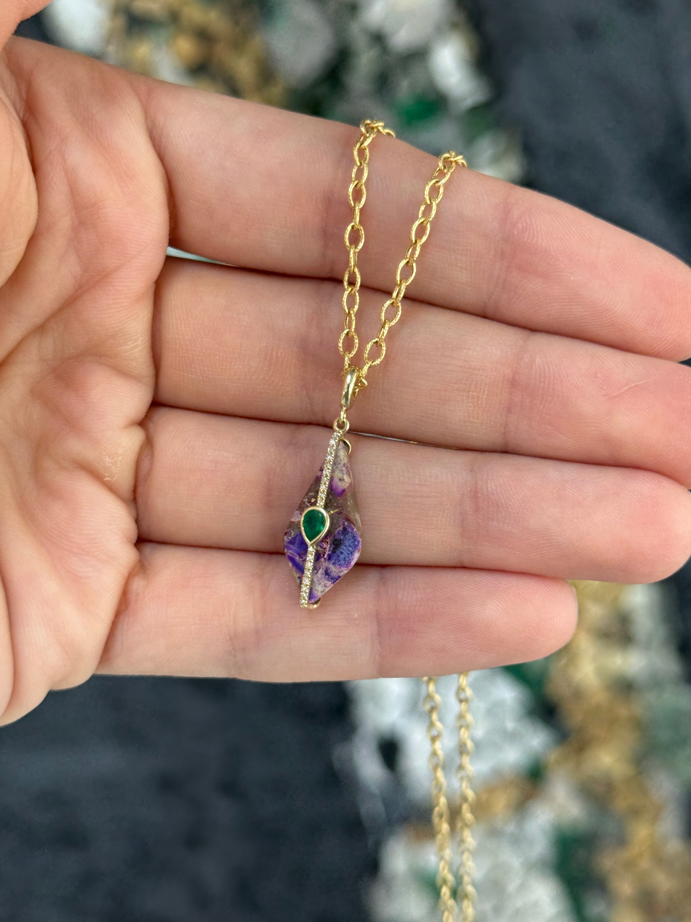 3.94tcw 14K Natural Purple Jasper, Emerald, & Diamond Pebble Pendant