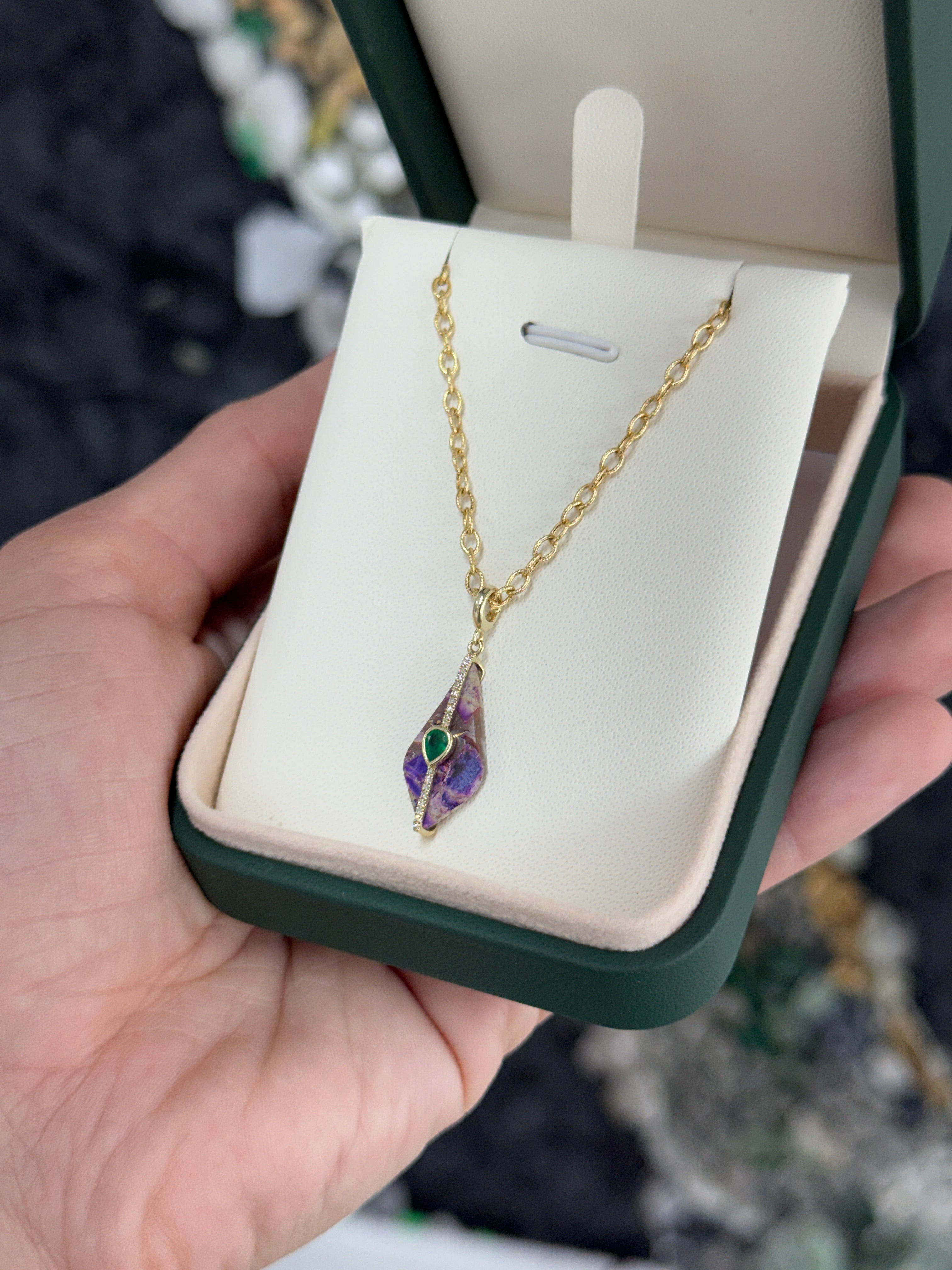 3.94tcw 14K Natural Purple Jasper, Emerald, & Diamond Pebble Pendant
