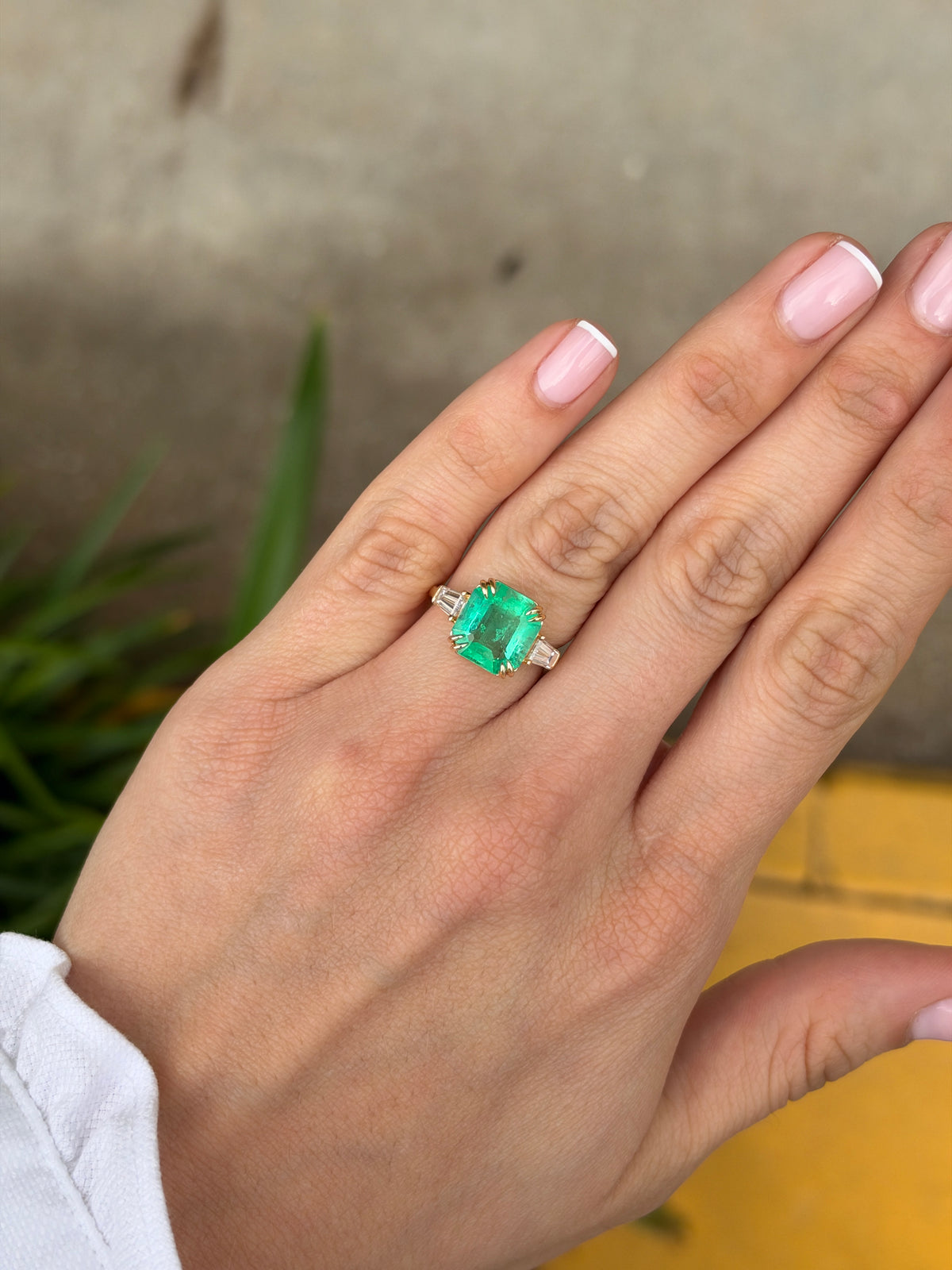 4.88tcw 18K Double Claw Asscher Cut Colombian Emerald & LAB Baguette Diamond Three Stone Ring