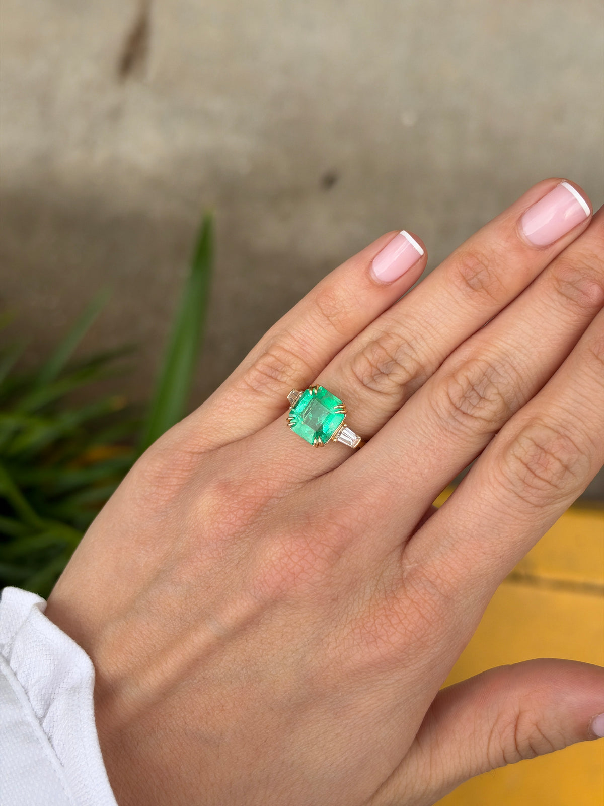4.88tcw 18K Double Claw Asscher Cut Colombian Emerald & LAB Baguette Diamond Three Stone Ring