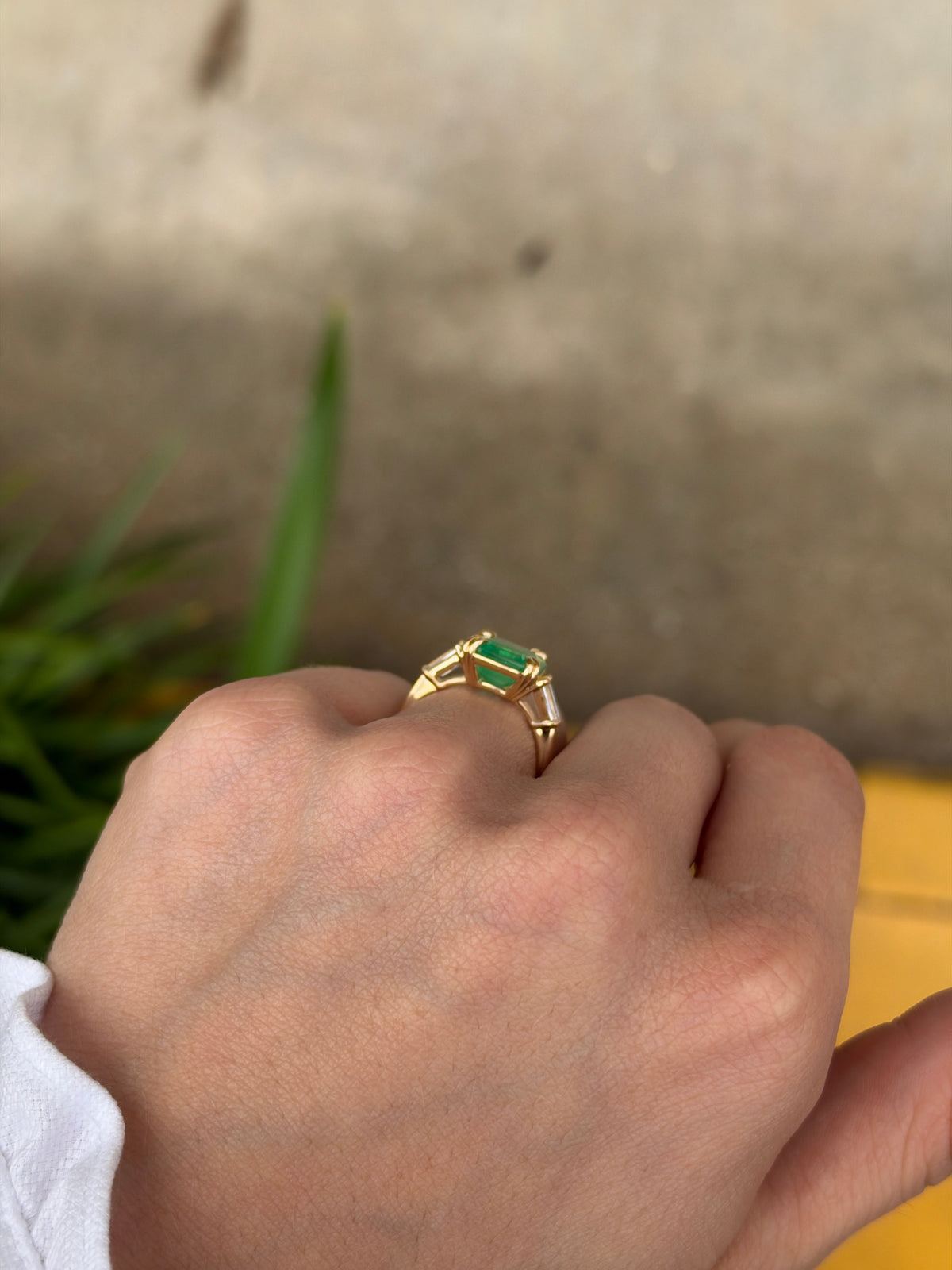 4.88tcw 18K Double Claw Asscher Cut Colombian Emerald & LAB Baguette Diamond Three Stone Ring