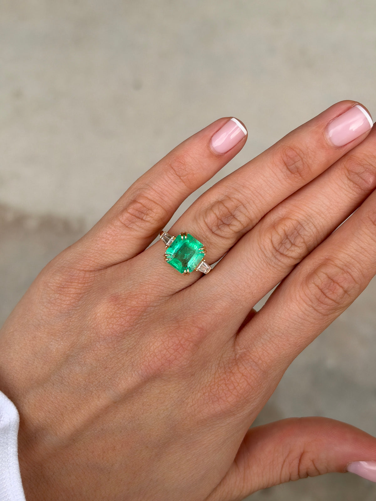 4.88tcw 18K Double Claw Asscher Cut Colombian Emerald & LAB Baguette Diamond Three Stone Ring
