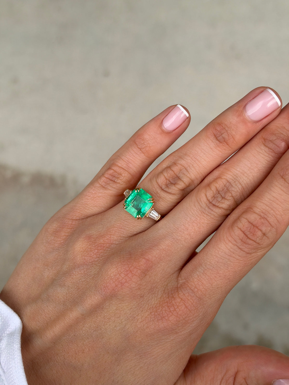 4.88tcw 18K Double Claw Asscher Cut Colombian Emerald & LAB Baguette Diamond Three Stone Ring