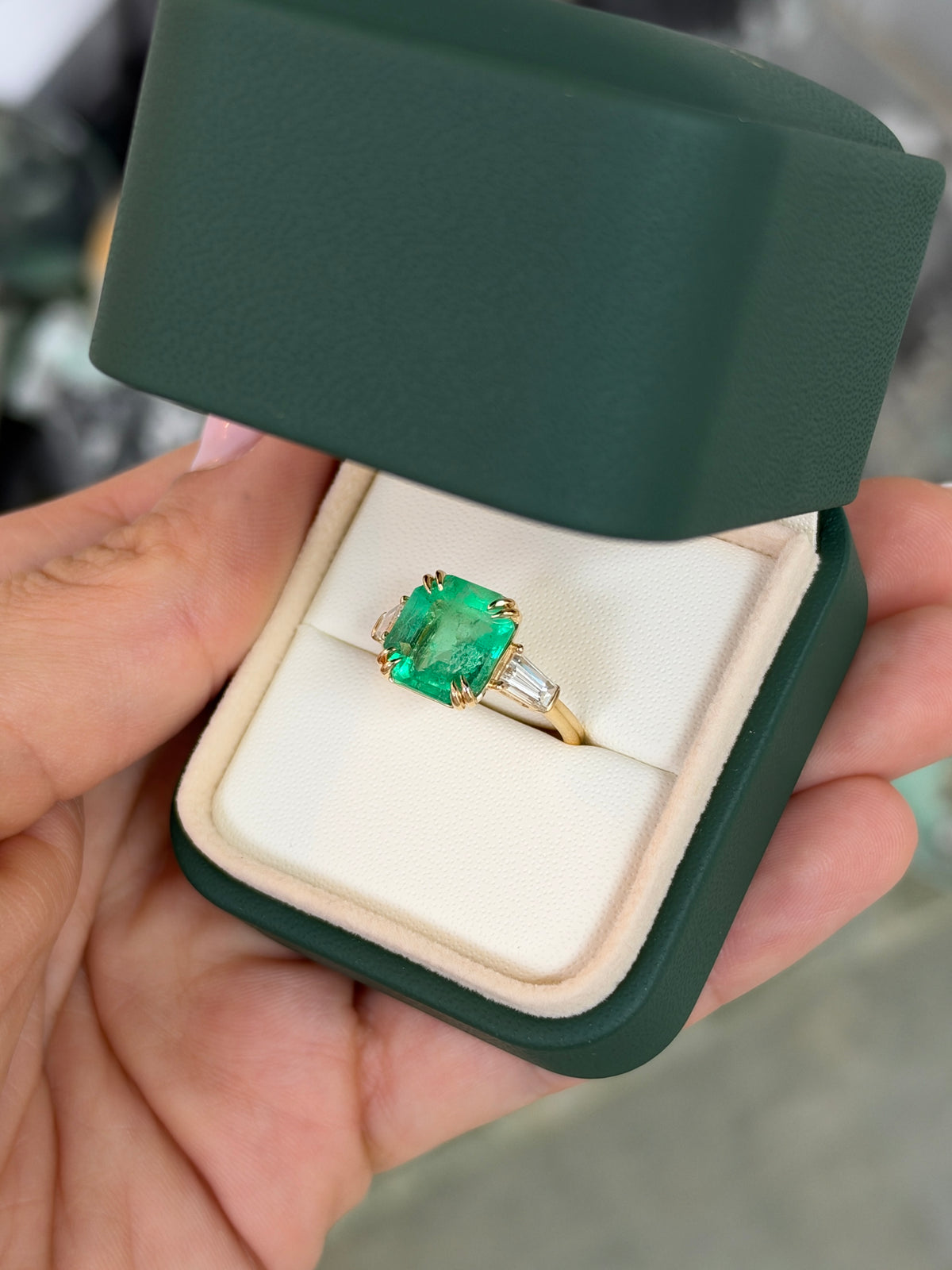 4.88tcw 18K Double Claw Asscher Cut Colombian Emerald & LAB Baguette Diamond Three Stone Ring