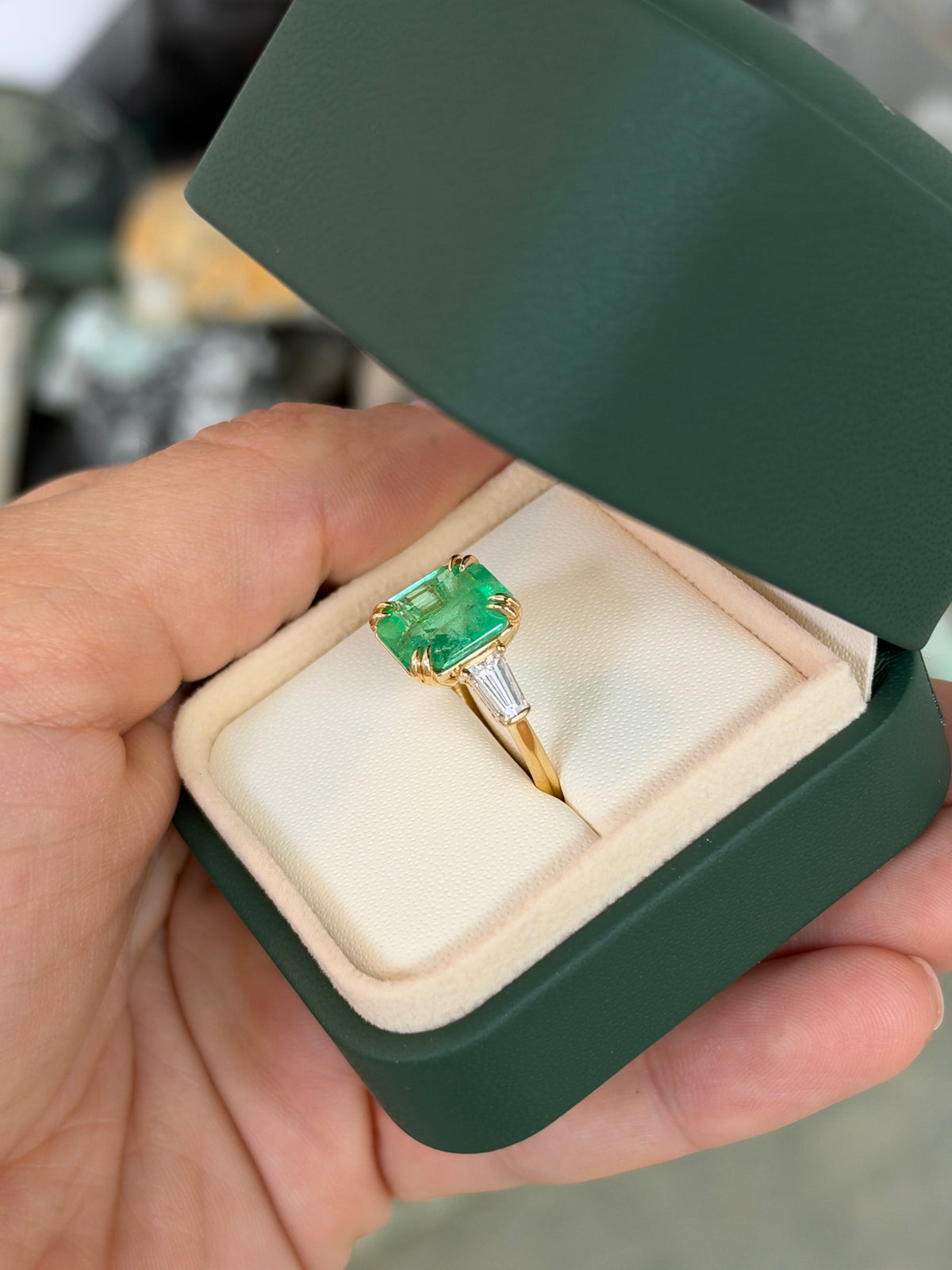 4.88tcw 18K Double Claw Asscher Cut Colombian Emerald & LAB Baguette Diamond Three Stone Ring