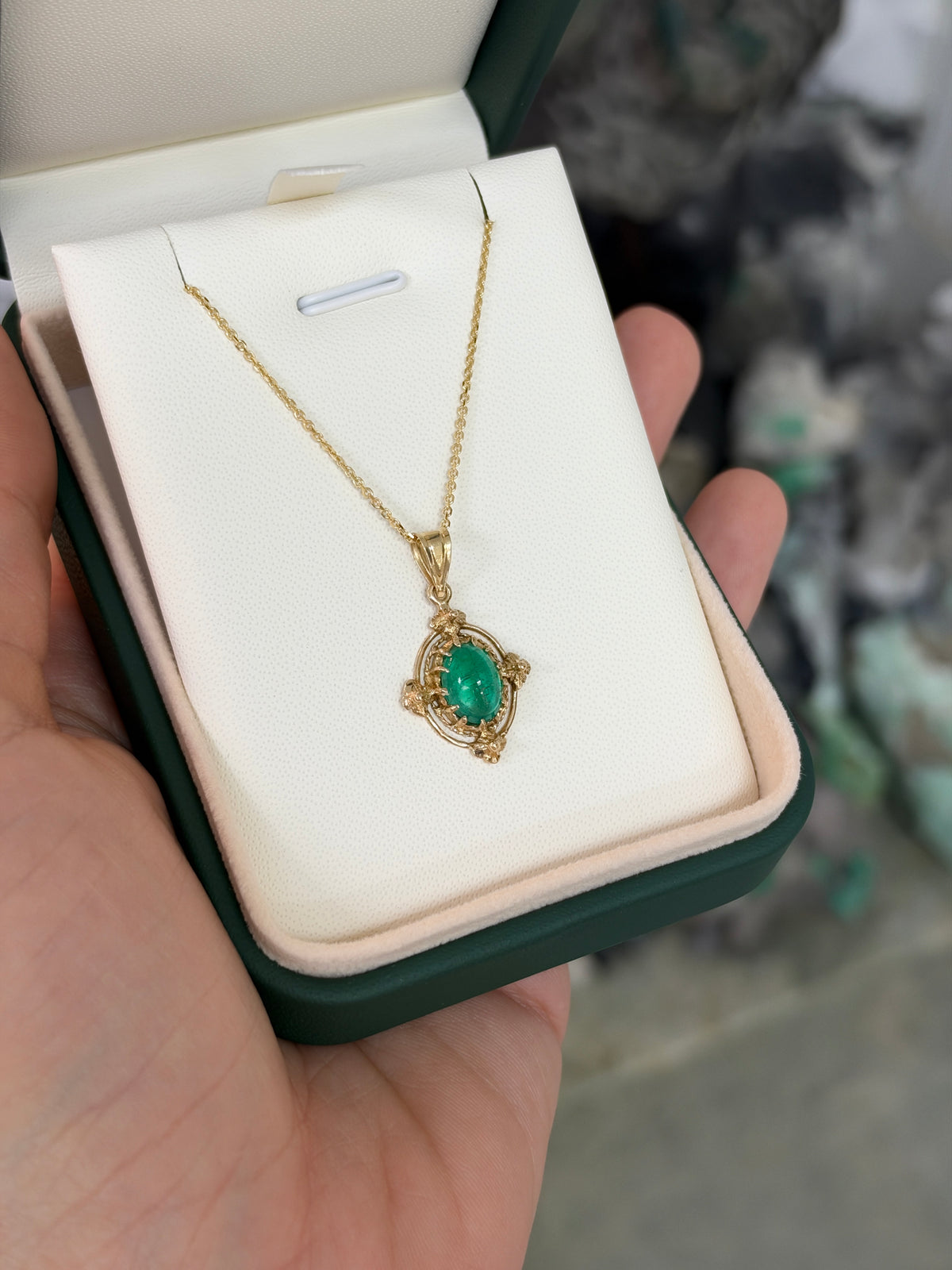 1.82ct 14K Natural Cabochon Cut Oval Emerald Solitaire Gothic Gold Pendant in Yellow Gold