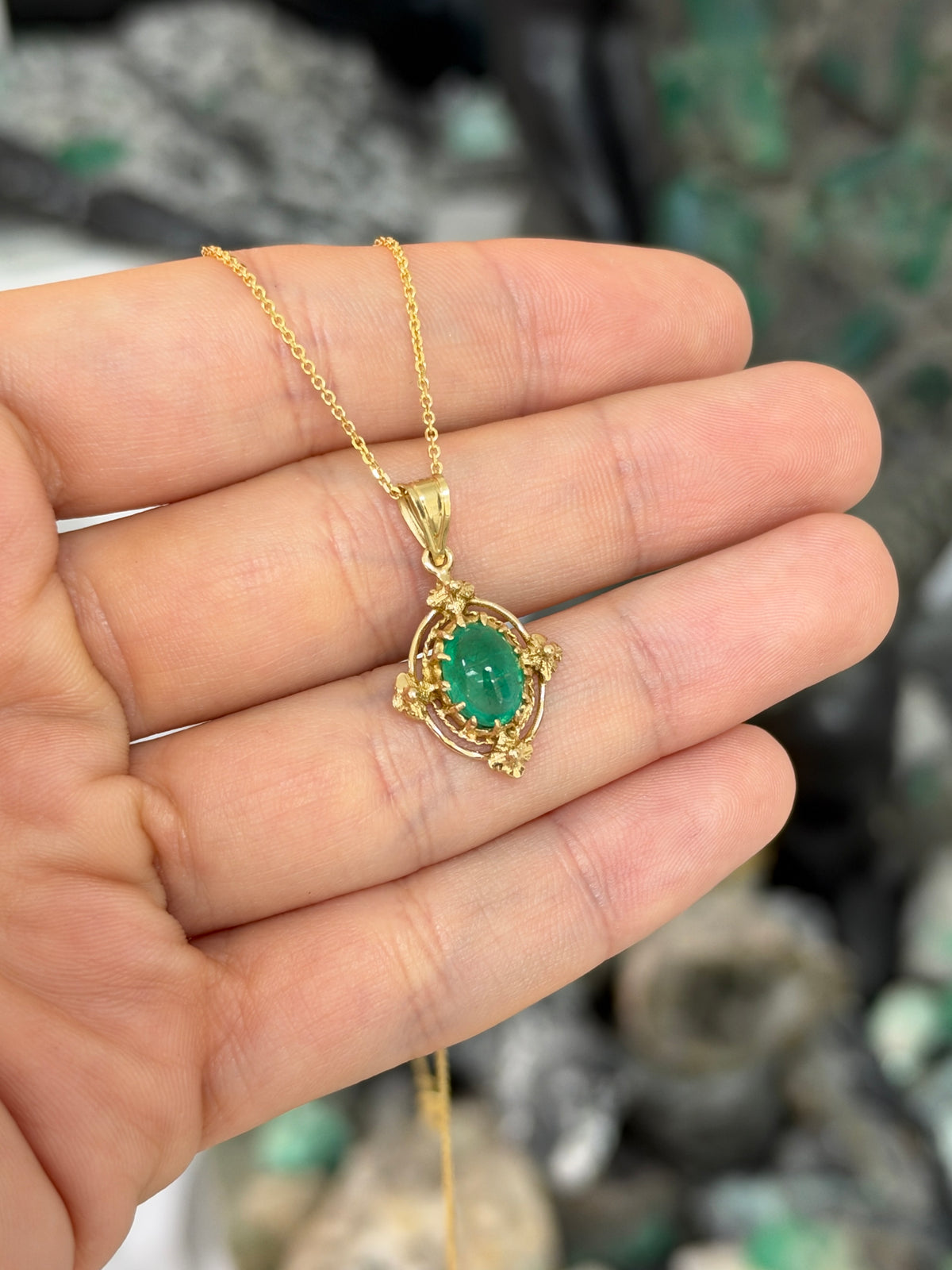 1.82ct 14K Natural Cabochon Cut Oval Emerald Solitaire Gothic Gold Pendant in Yellow Gold