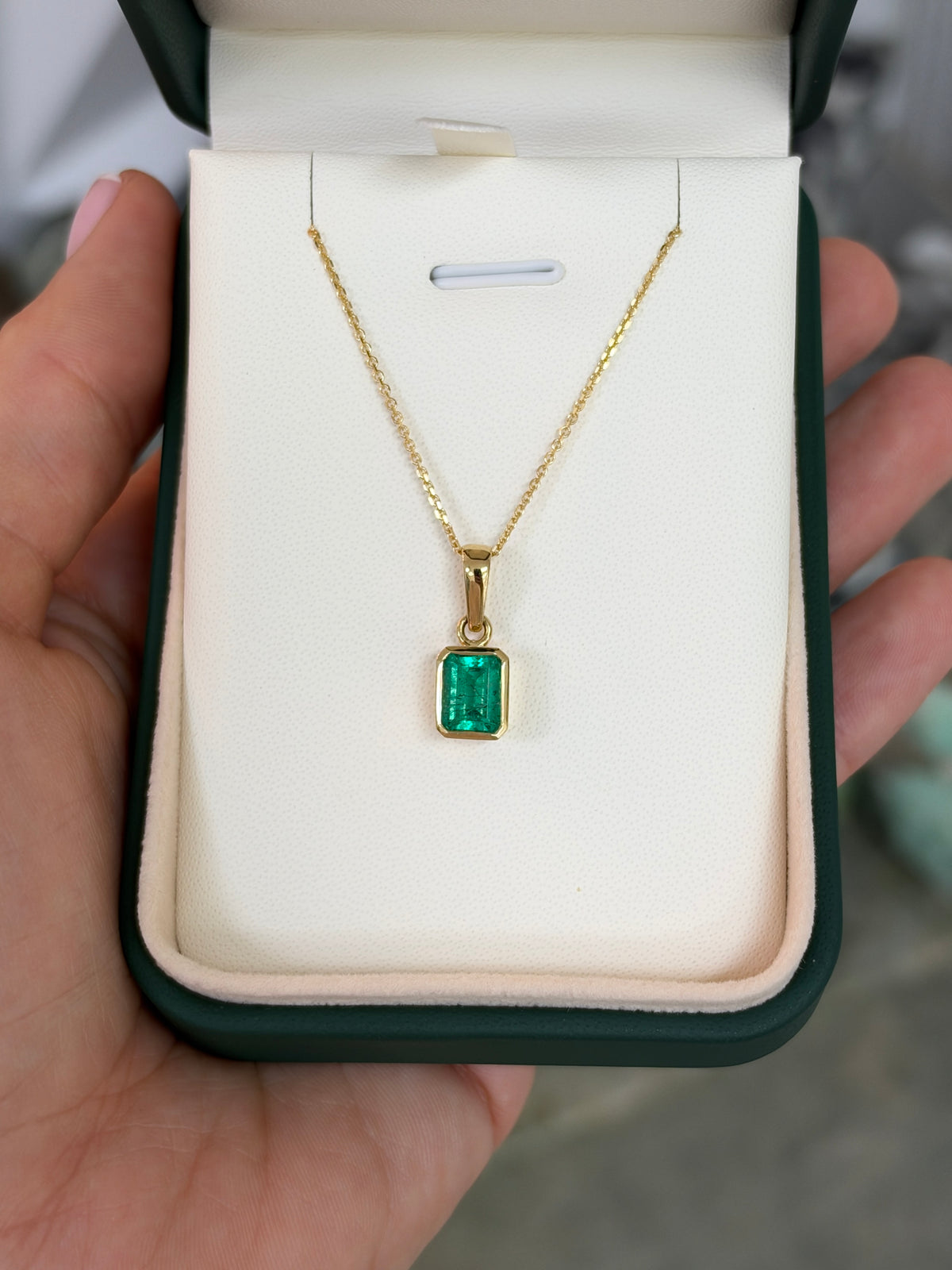 2.0ct 18K Colombian Emerald - Emerald Cut Bezel Set Solitaire Necklace