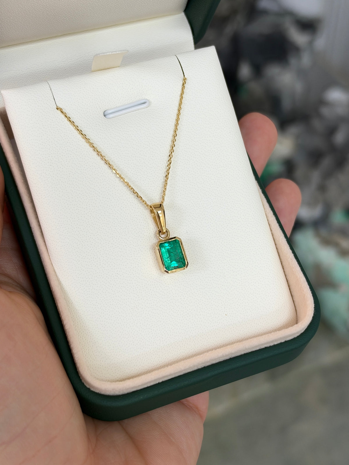 2.0ct 18K Colombian Emerald - Emerald Cut Bezel Set Solitaire Necklace