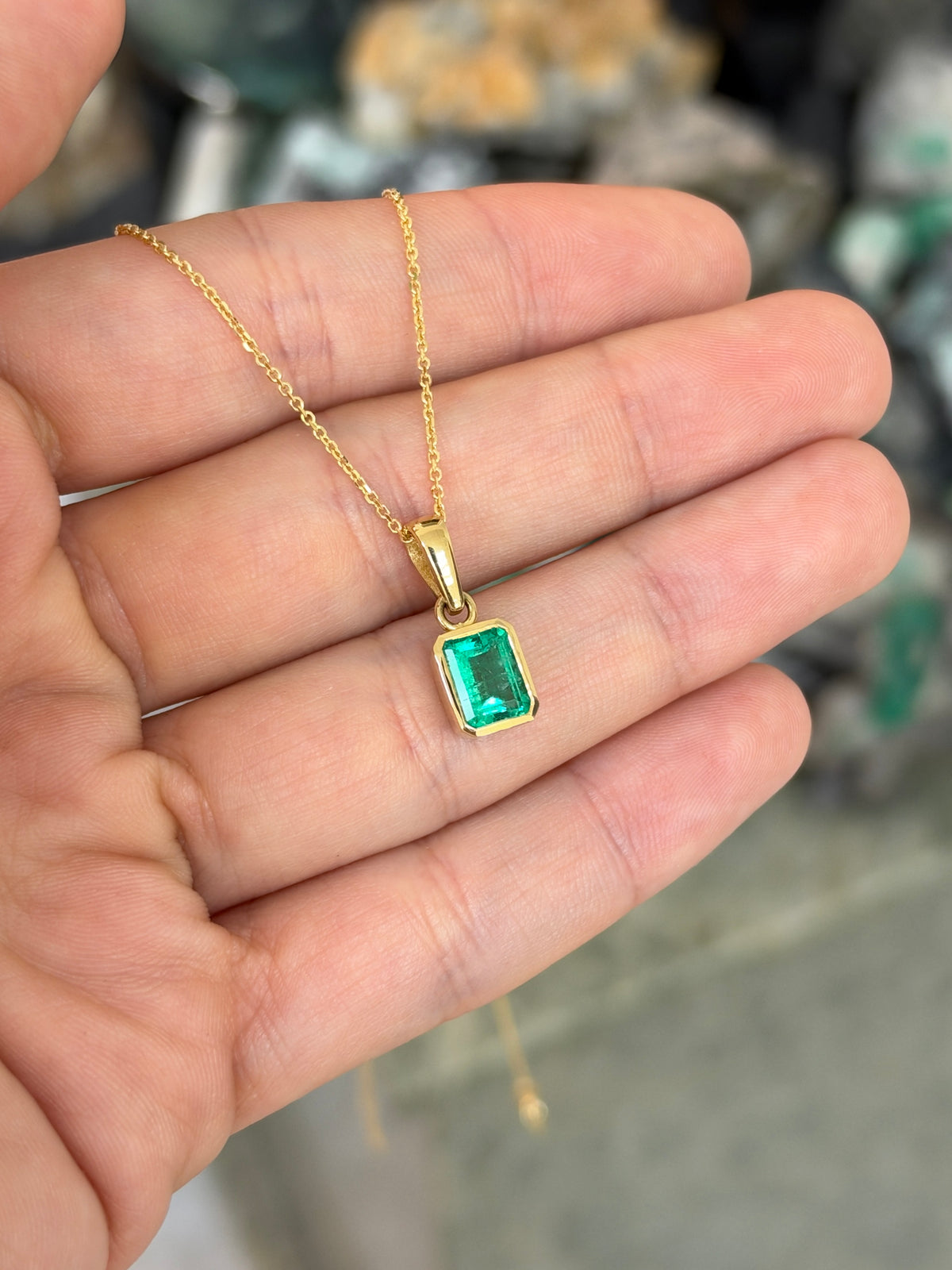 2.0ct 18K Colombian Emerald - Emerald Cut Bezel Set Solitaire Necklace