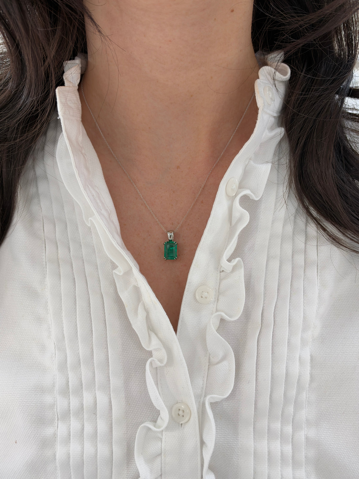 4.42ct Platinum Jungle Green Emerald Cut Emerald Solitaire Double Claw Prong Necklace